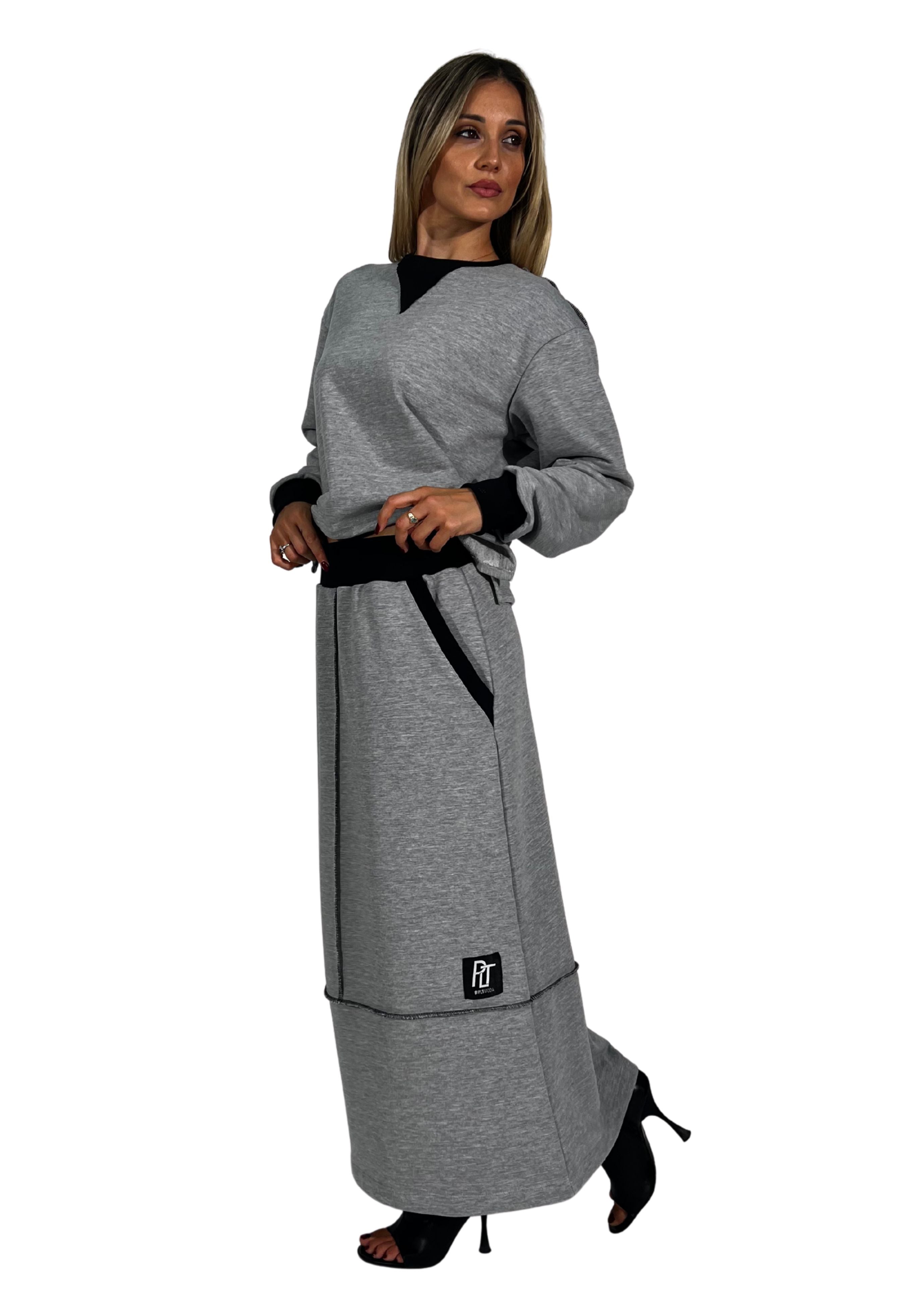 Gonna lunga in felpa con cuciture a contrasto