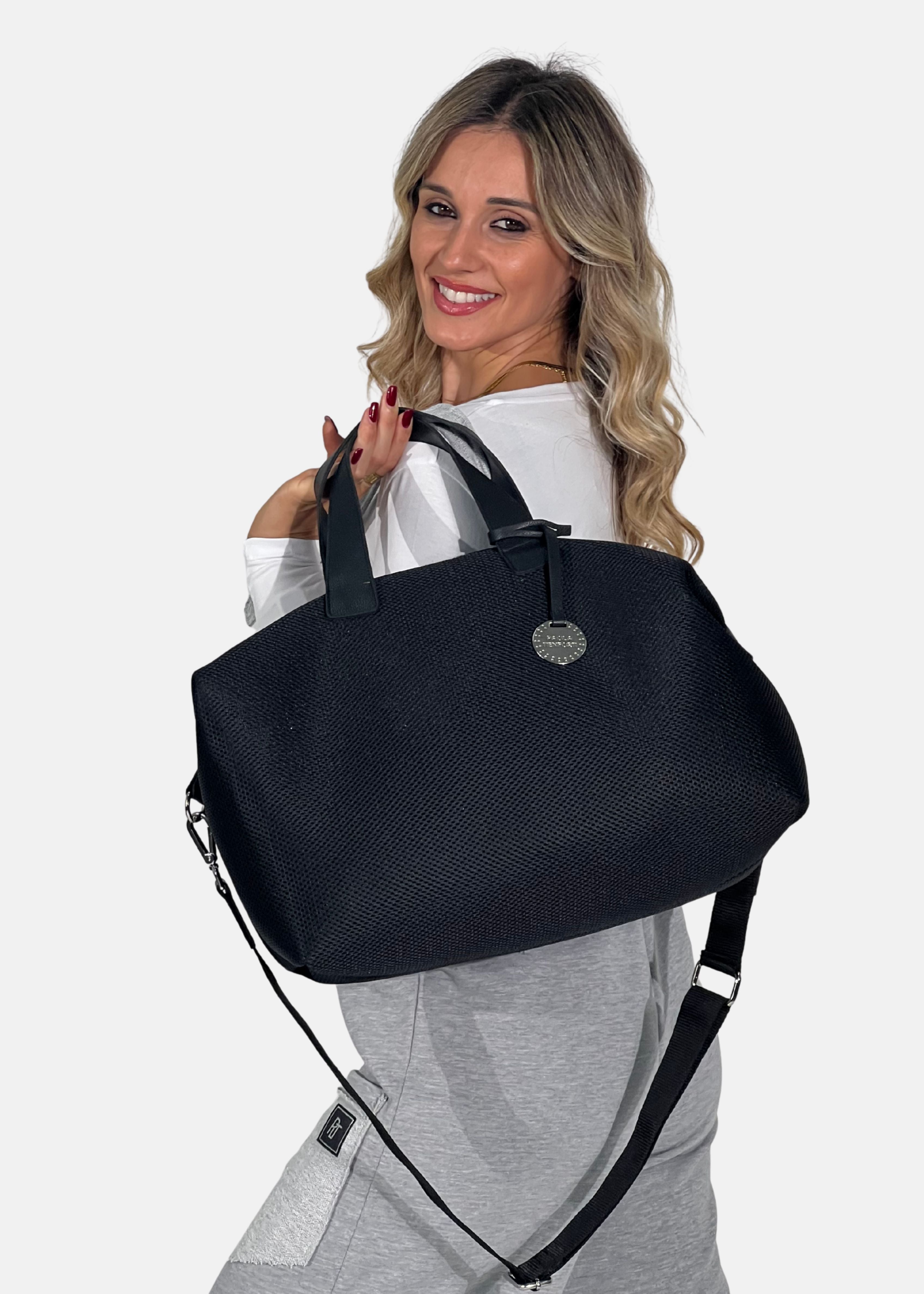 Bauletto large tessuto tecnico traforato e pelle con dettagli argento