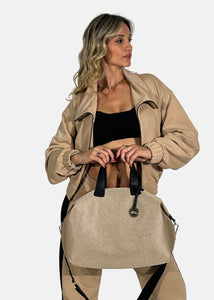 Bauletto large tessuto tecnico traforato e pelle con dettagli oro