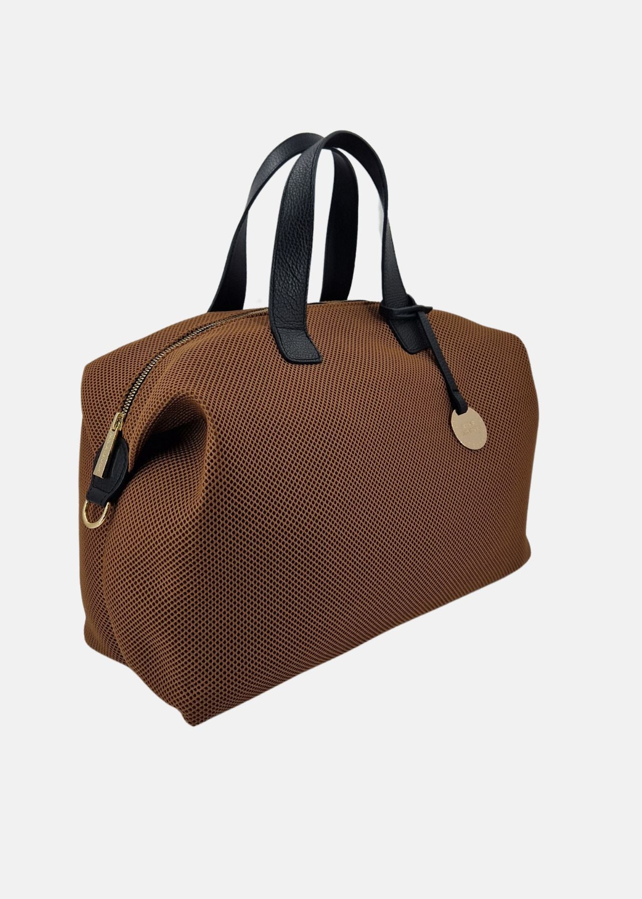 Bauletto large tessuto tecnico traforato e pelle con dettagli oro