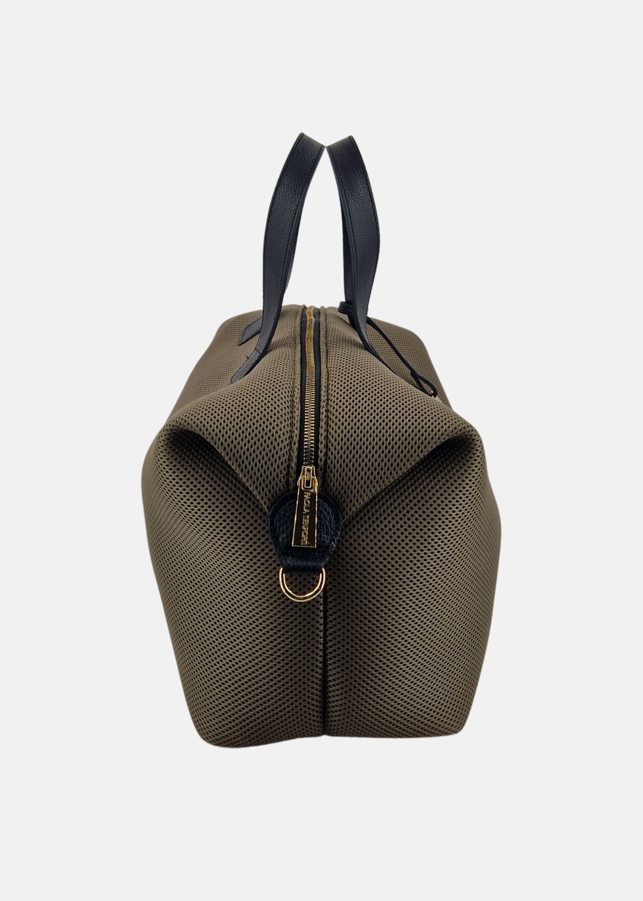 Bauletto large tessuto tecnico traforato e pelle con dettagli oro