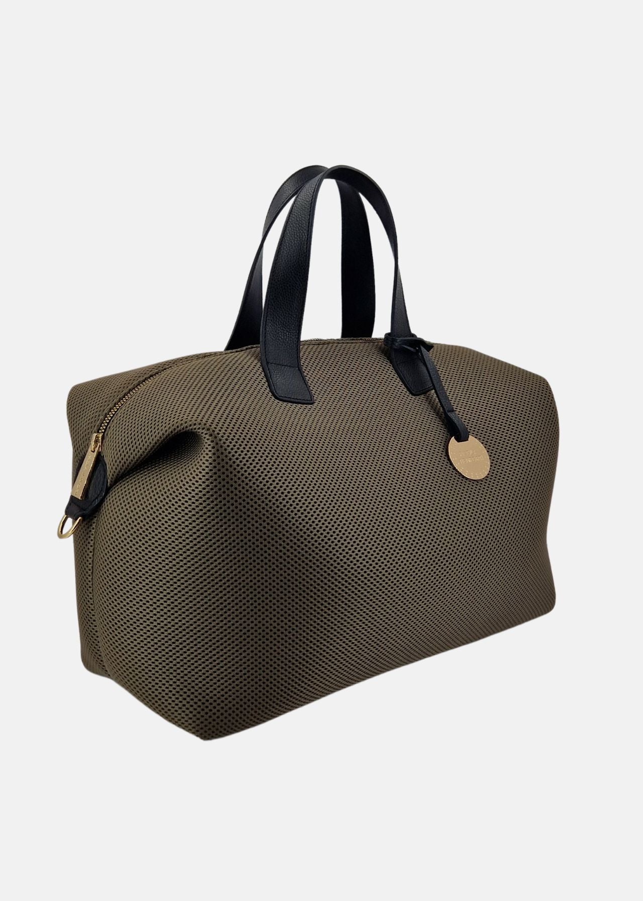 Bauletto large tessuto tecnico traforato e pelle con dettagli oro