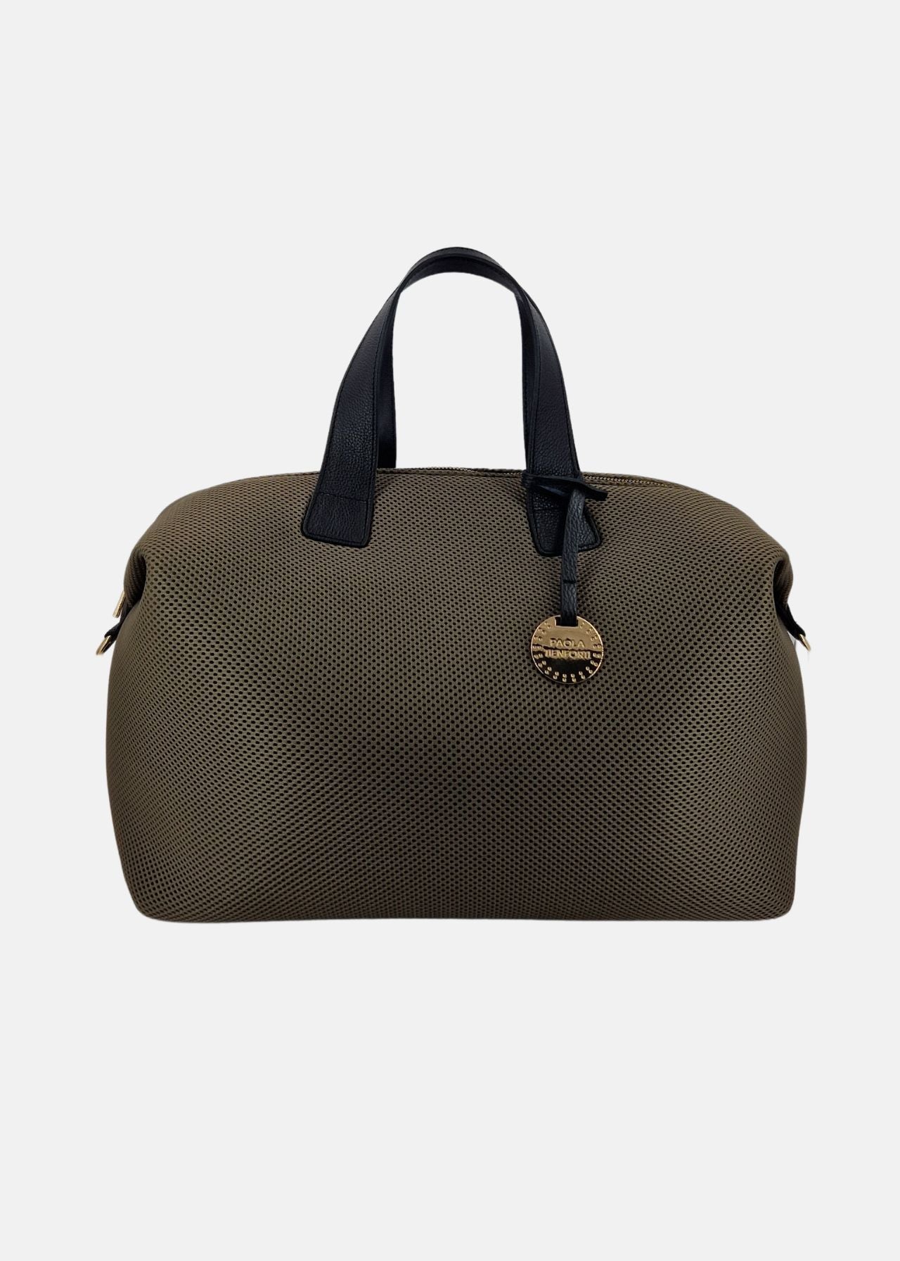 Bauletto large tessuto tecnico traforato e pelle con dettagli oro