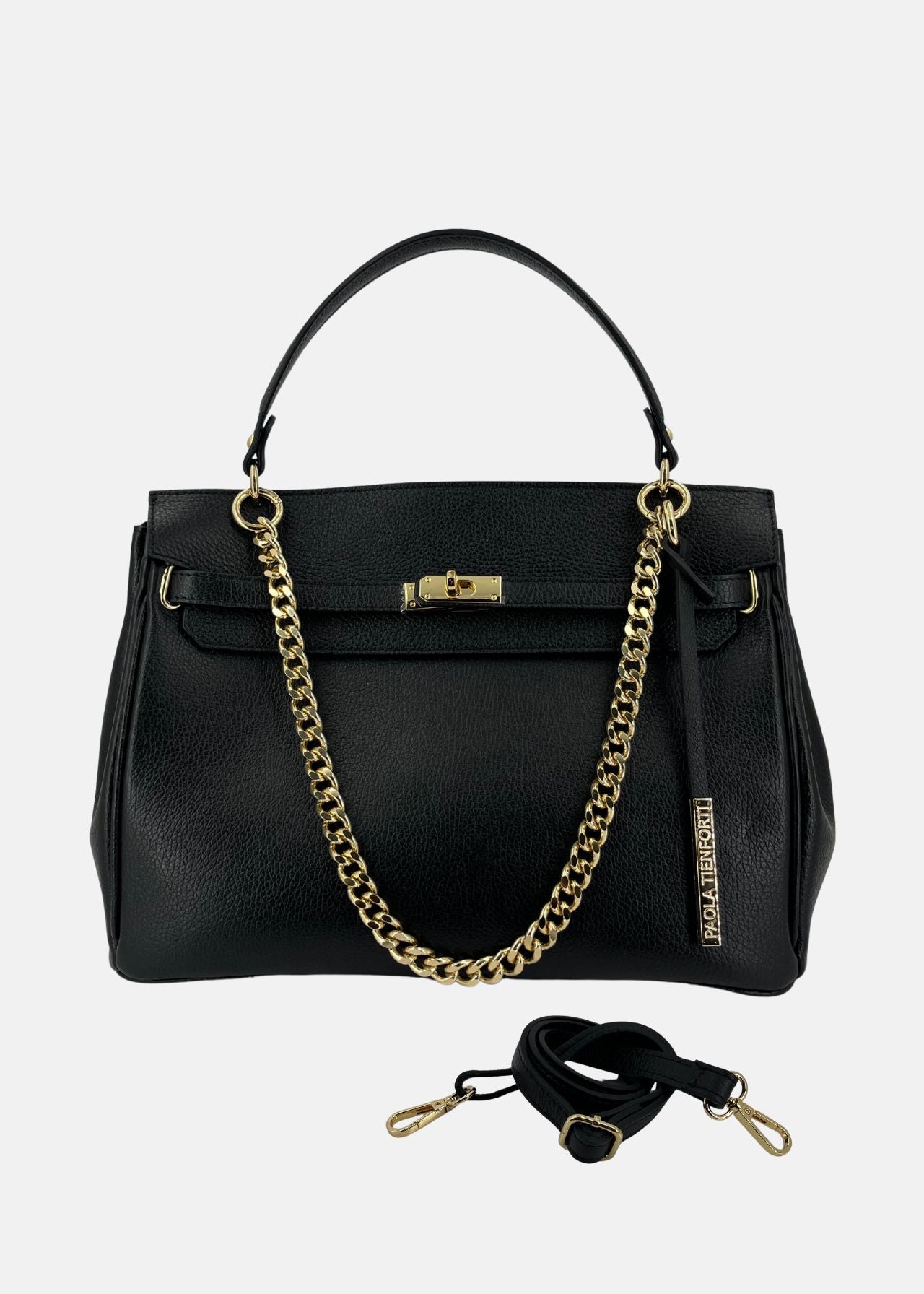 Borsa in pelle nera con catena oro