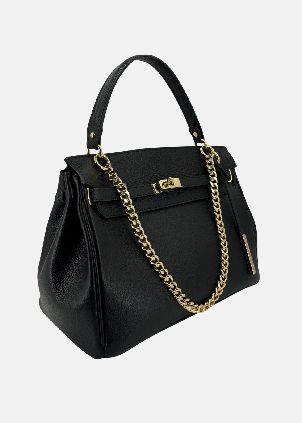 Borsa in pelle nera con catena oro