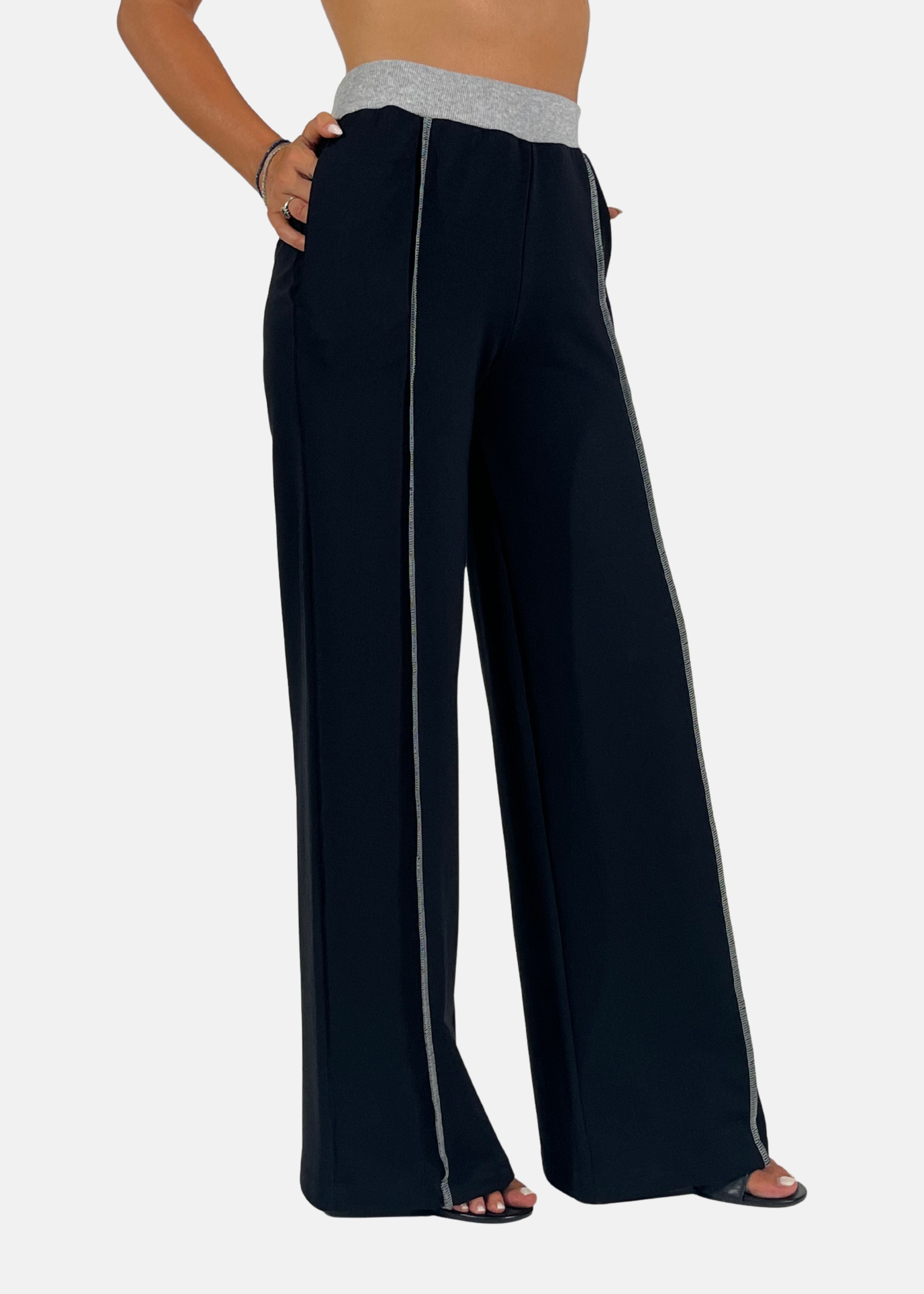 Pantalone a palazzo donna cuciture a contrasto