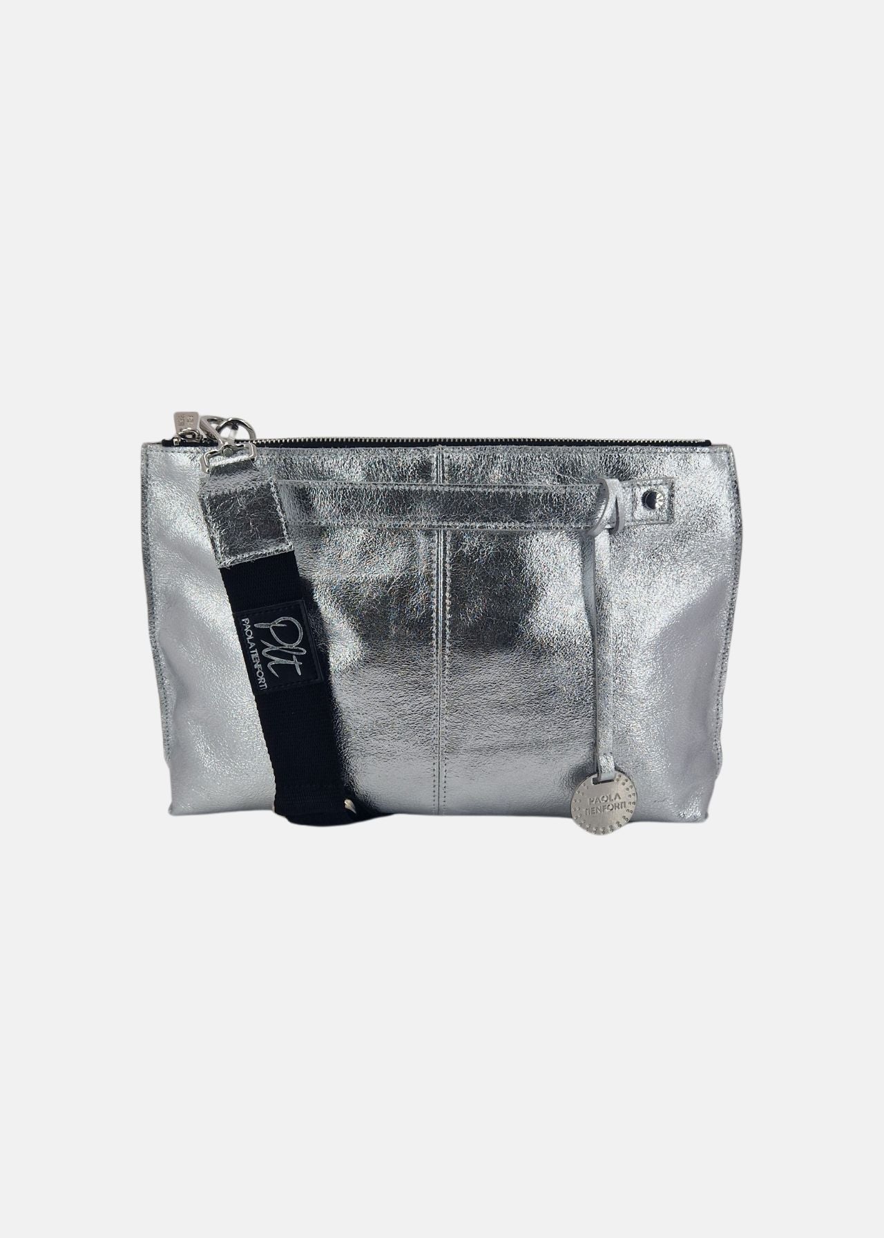 Borsa medium a tracolla in pelle laminata con dettagli argento