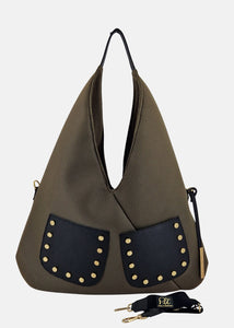 Sacca hobo in tessuto tecnico traforato con tasche e dettagli oro