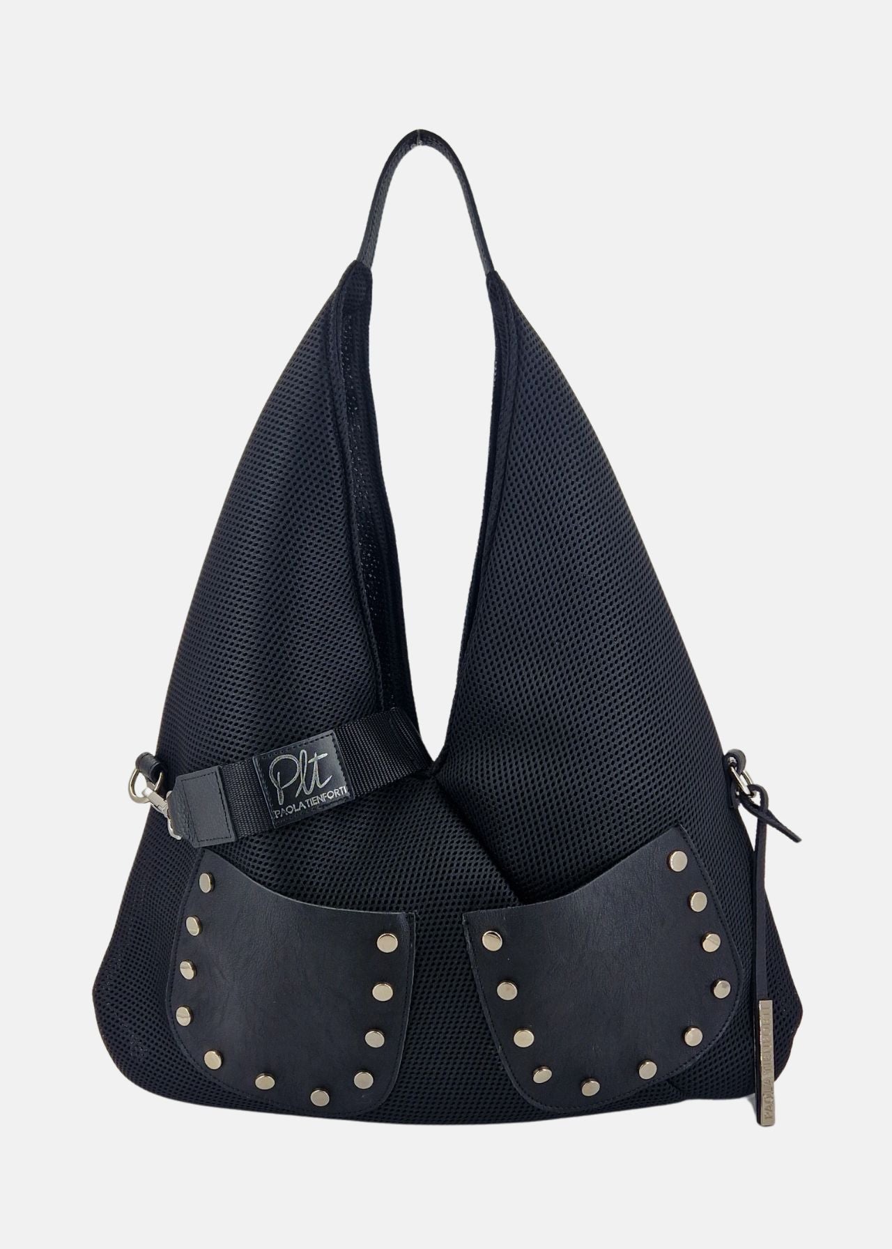 Sacca hobo in tessuto tecnico traforato con tasche e dettagli argento