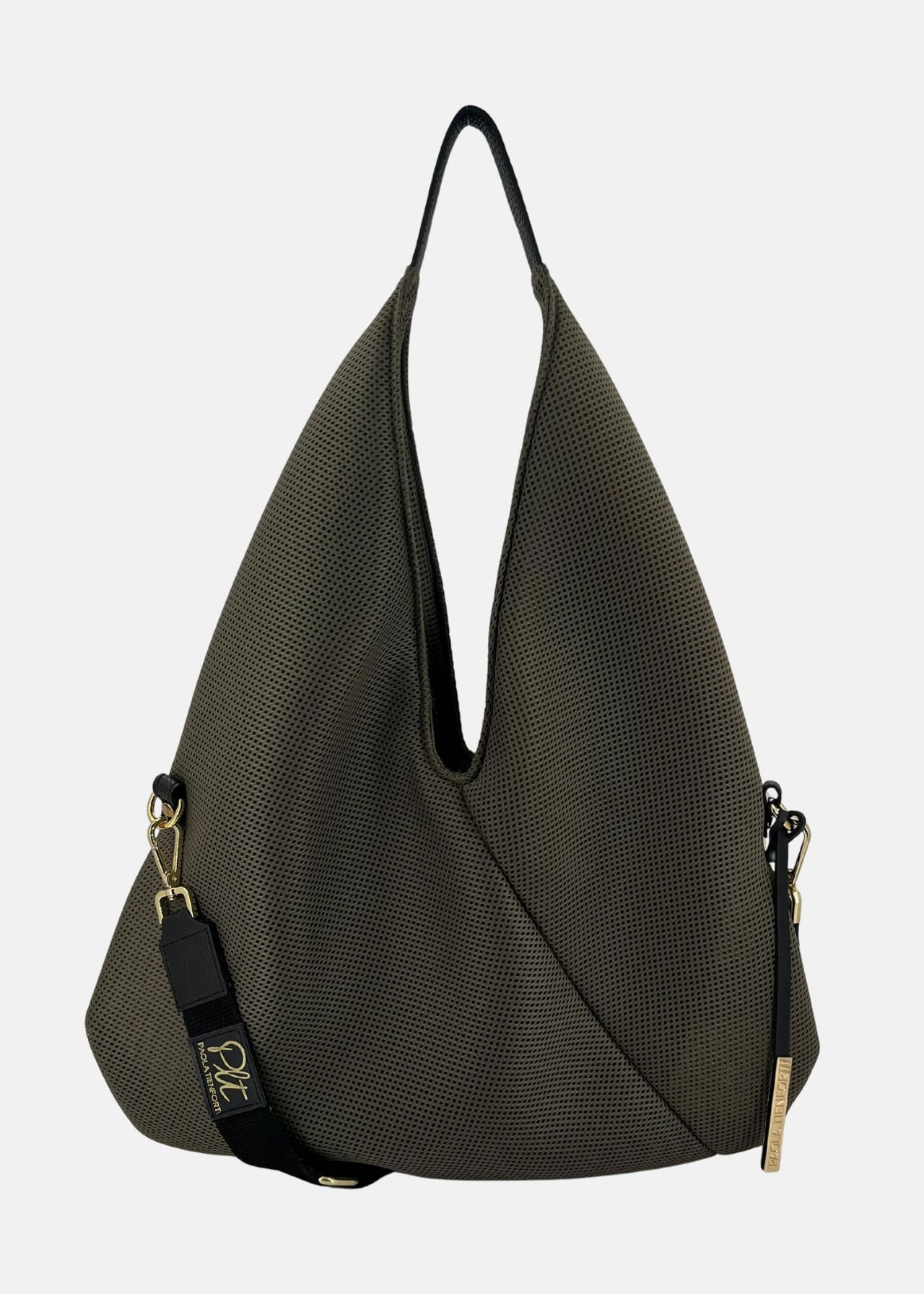 Sacca hobo in tessuto tecnico traforato con dettagli oro