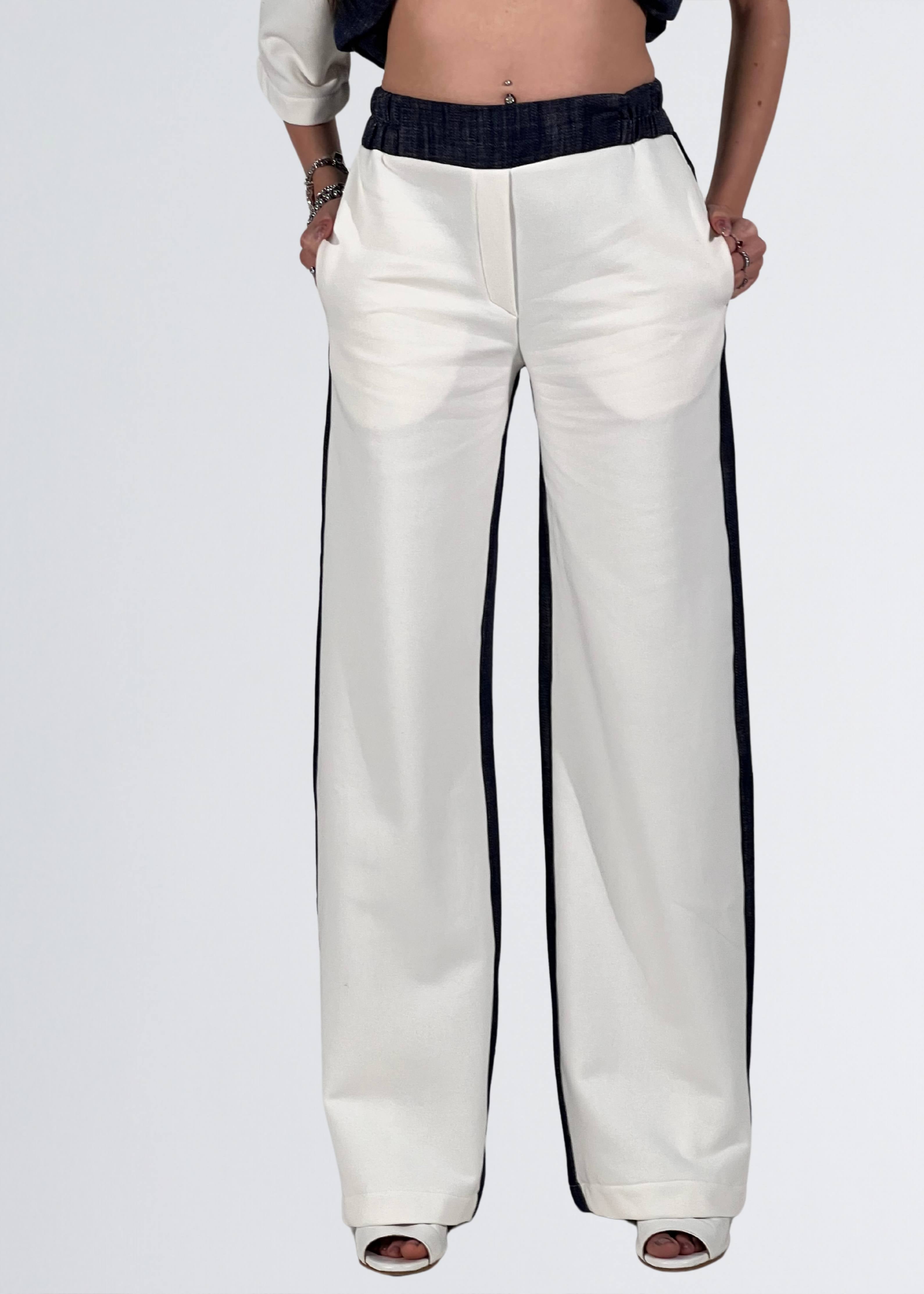 Pantapalazzo bicolor in felpa e jeans