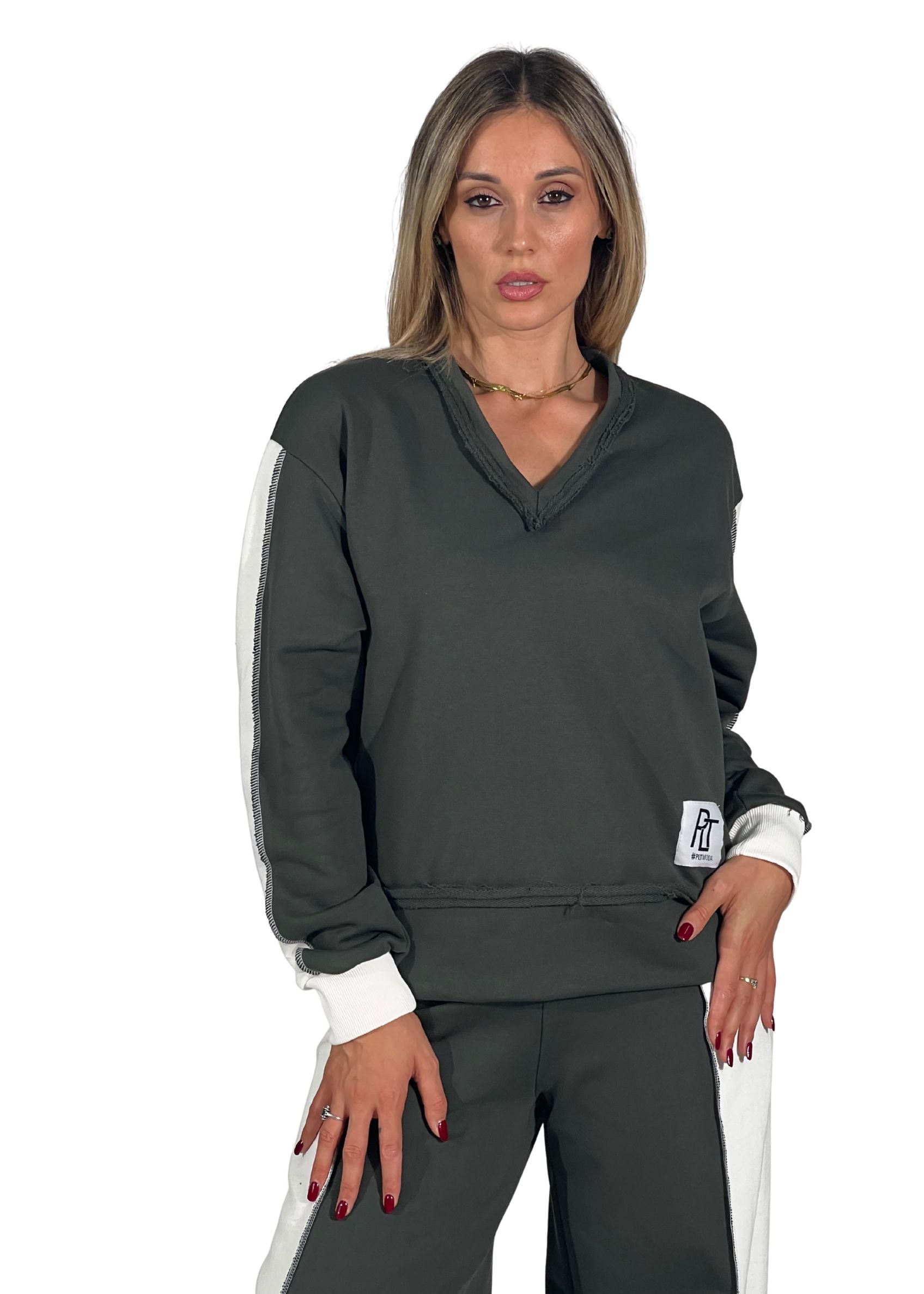 Felpa donna bicolore scollo a V
