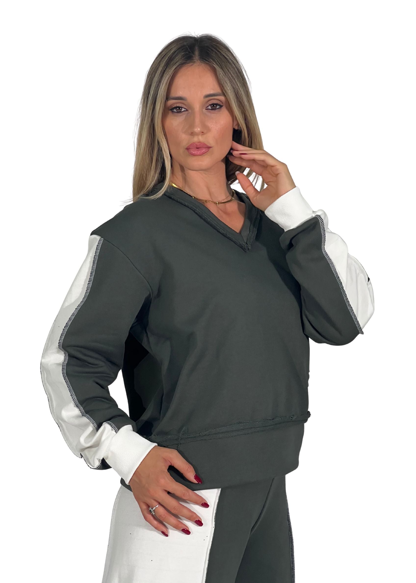 Felpa donna bicolore scollo a V