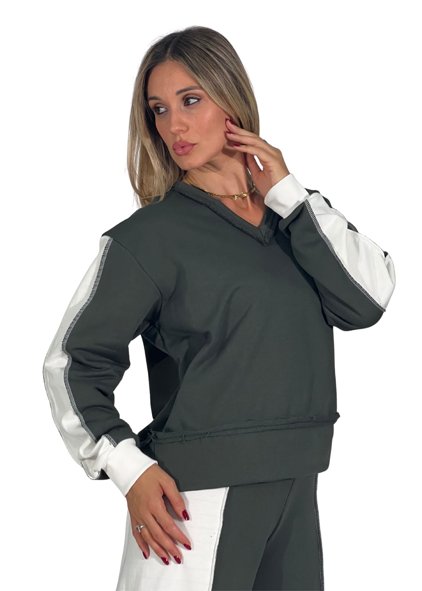 Felpa donna bicolore scollo a V
