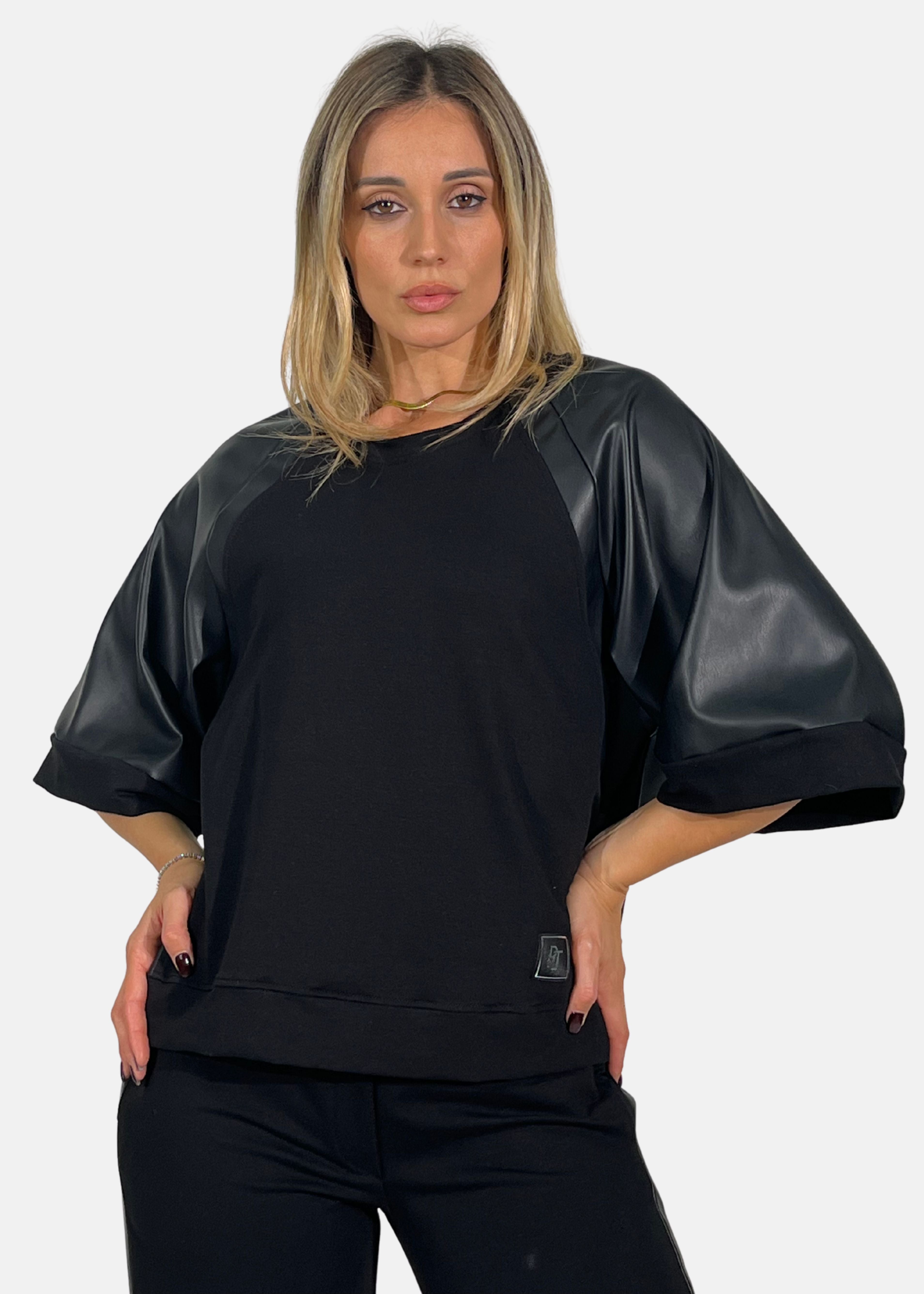 Maglia Donna con Maniche in Ecopelle