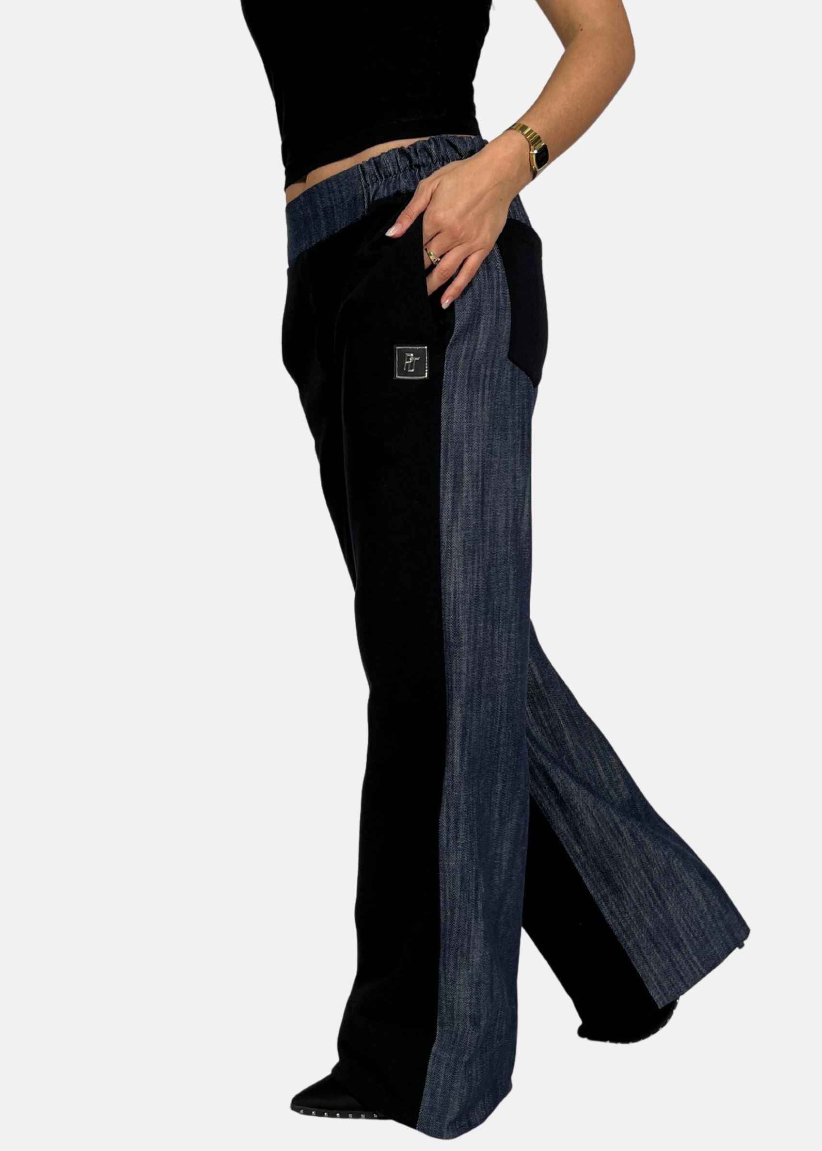 Pantapalazzo bicolor in felpa e jeans