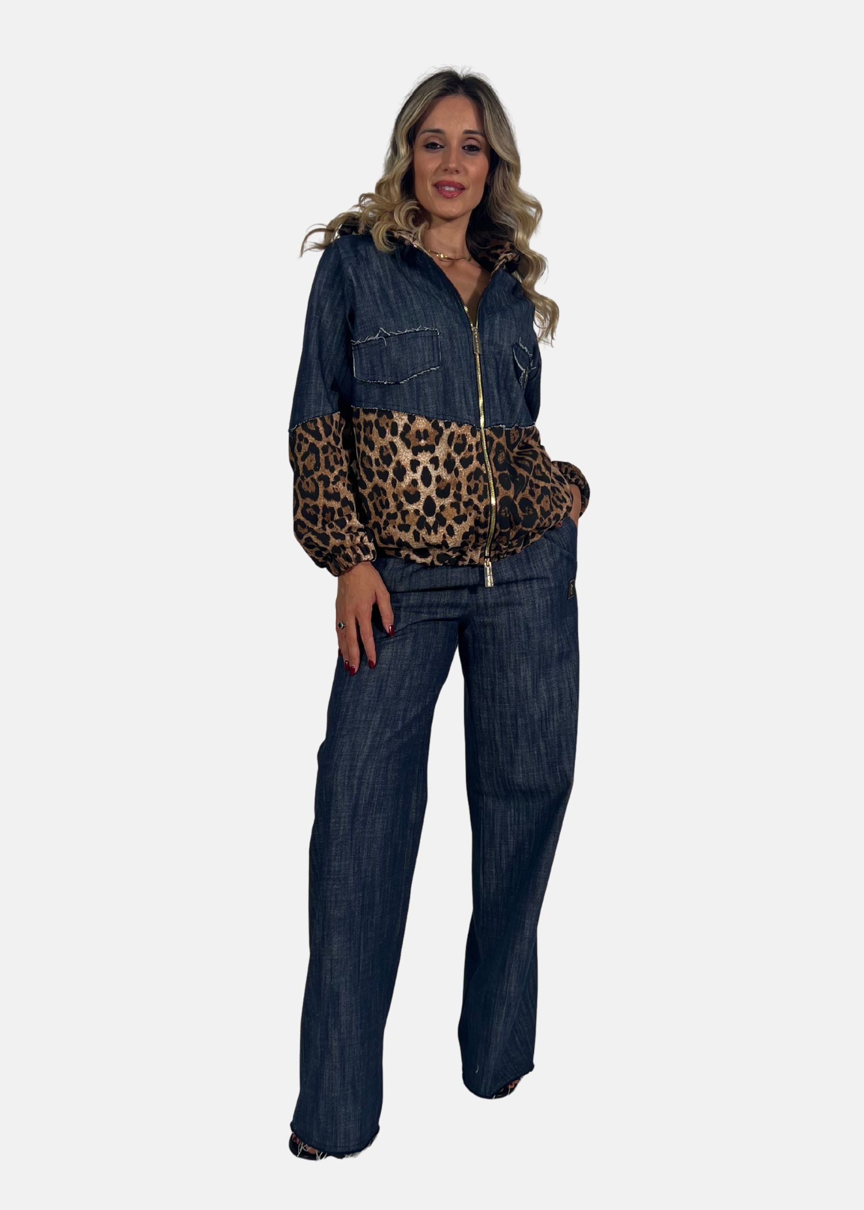 Bomber donna in jeans e felpa maculata