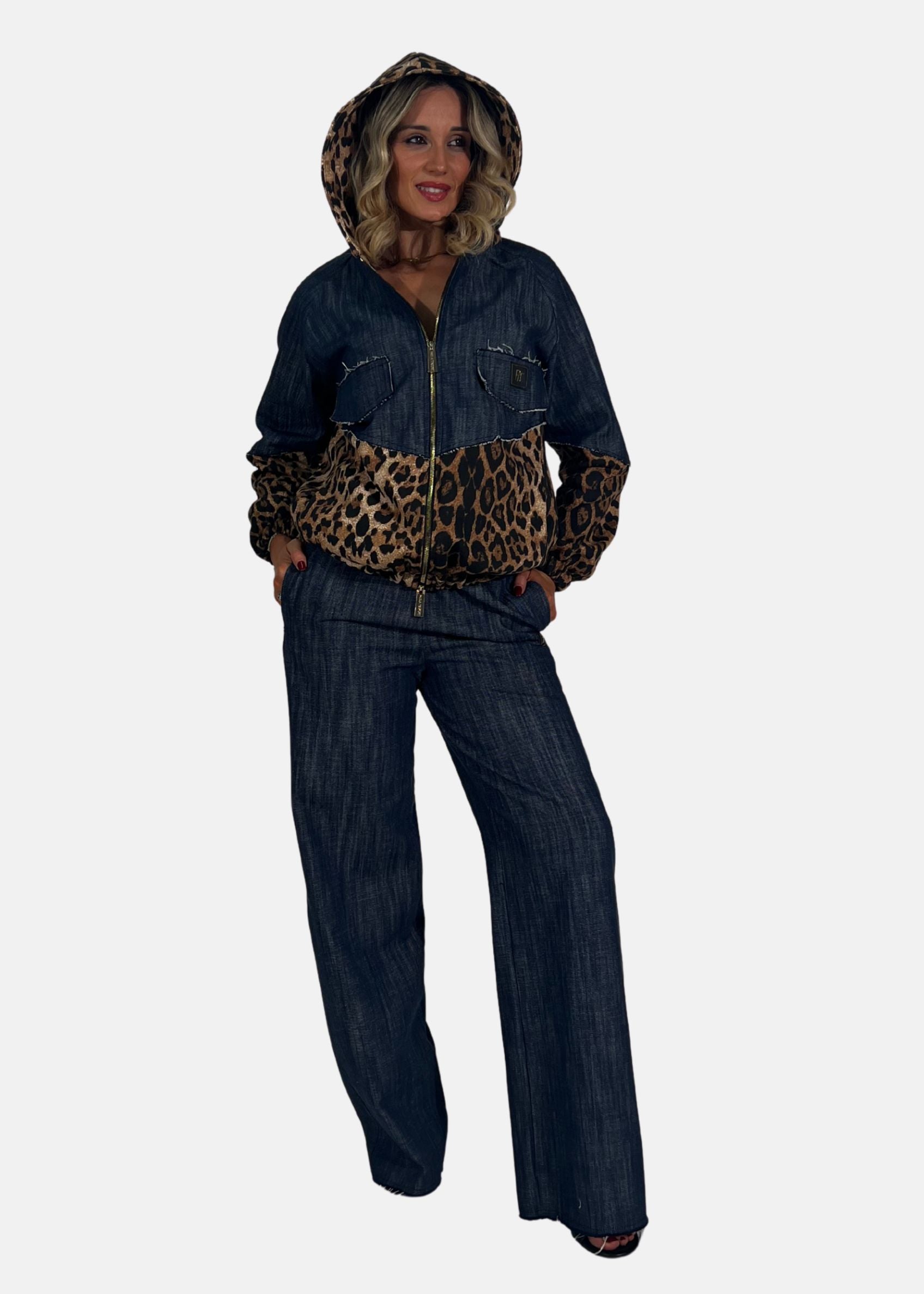 Bomber donna in jeans e felpa maculata