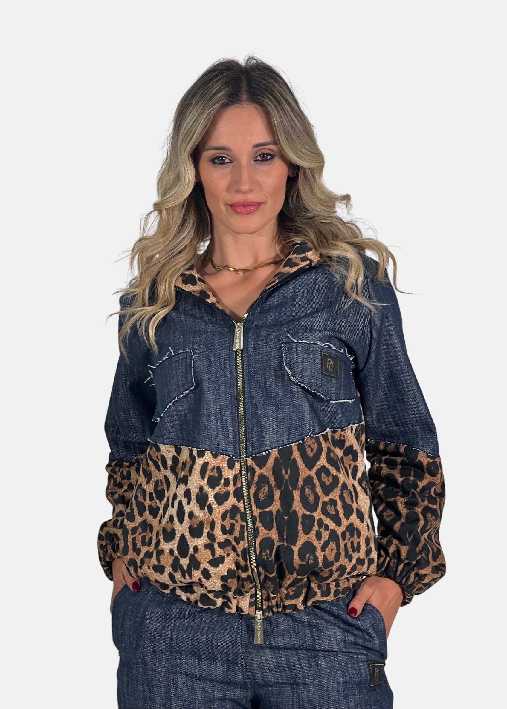 Bomber donna in jeans e felpa maculata