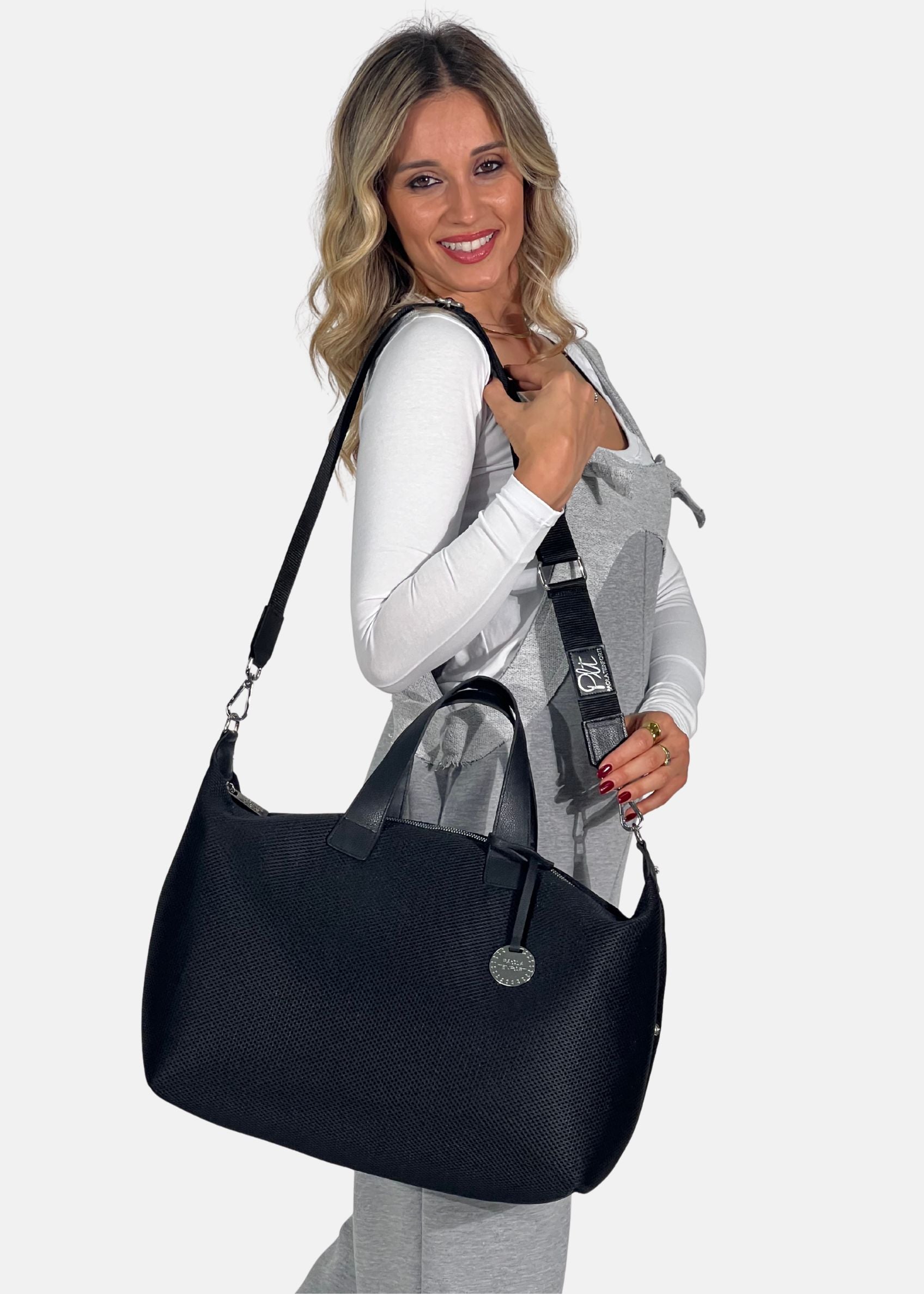 Bauletto large tessuto tecnico traforato e pelle con dettagli argento