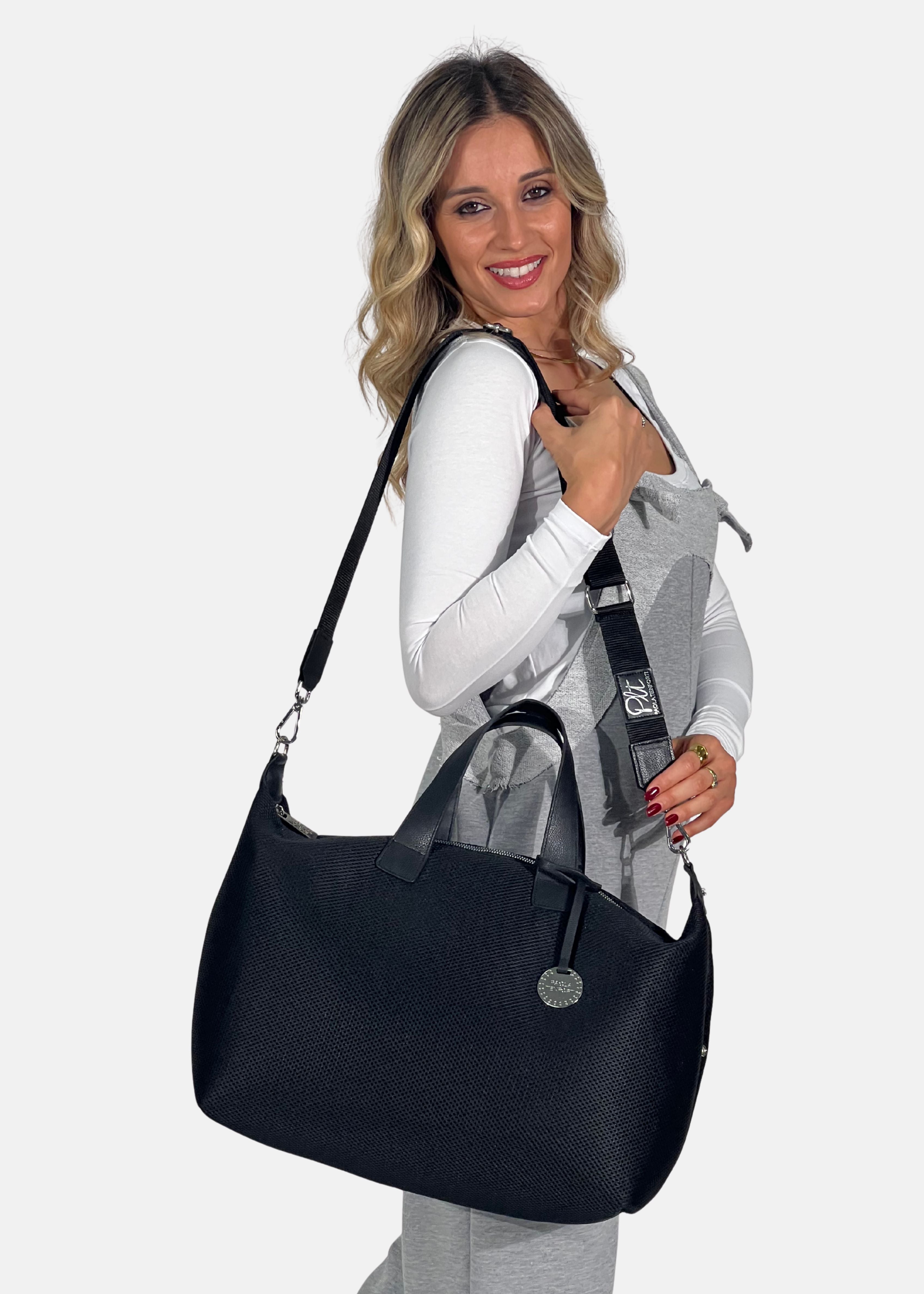 Bauletto large tessuto tecnico traforato e pelle con dettagli argento