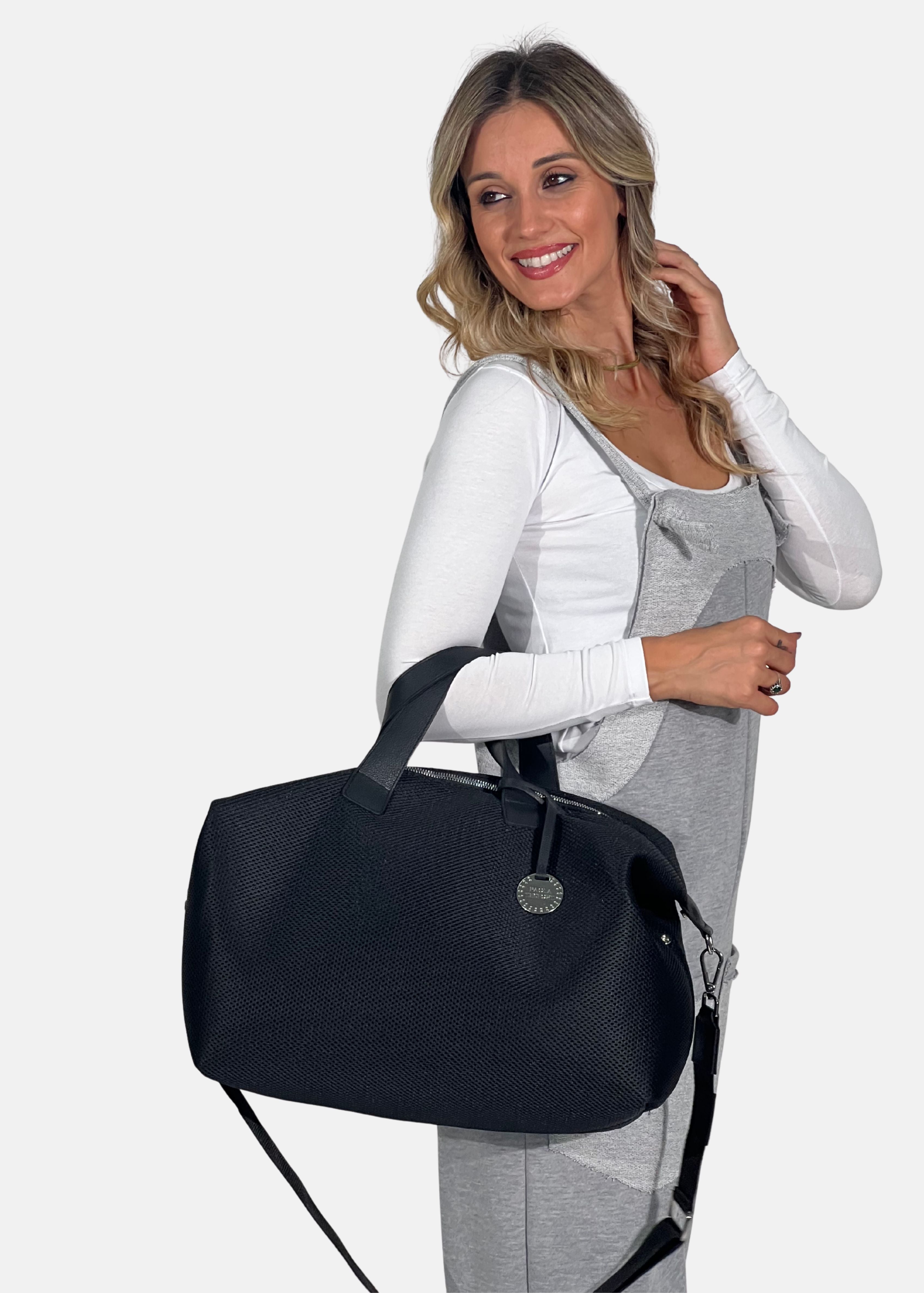 Bauletto large tessuto tecnico traforato e pelle con dettagli argento