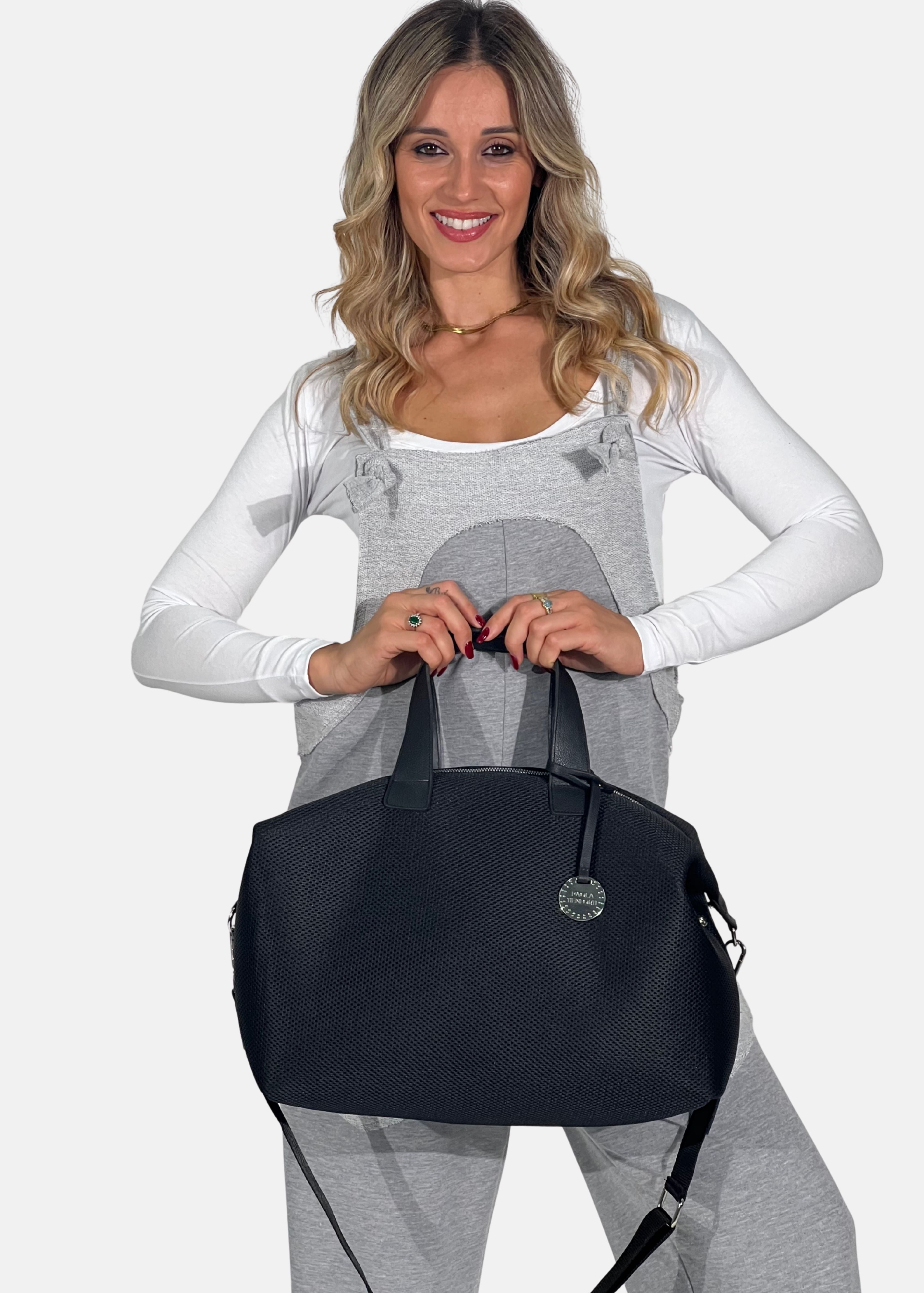 Bauletto large tessuto tecnico traforato e pelle con dettagli argento