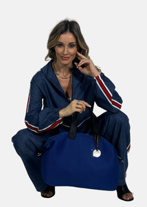 Bauletto large tessuto tecnico traforato e pelle con dettagli argento