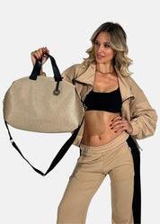 Bauletto large tessuto tecnico traforato e pelle con dettagli oro