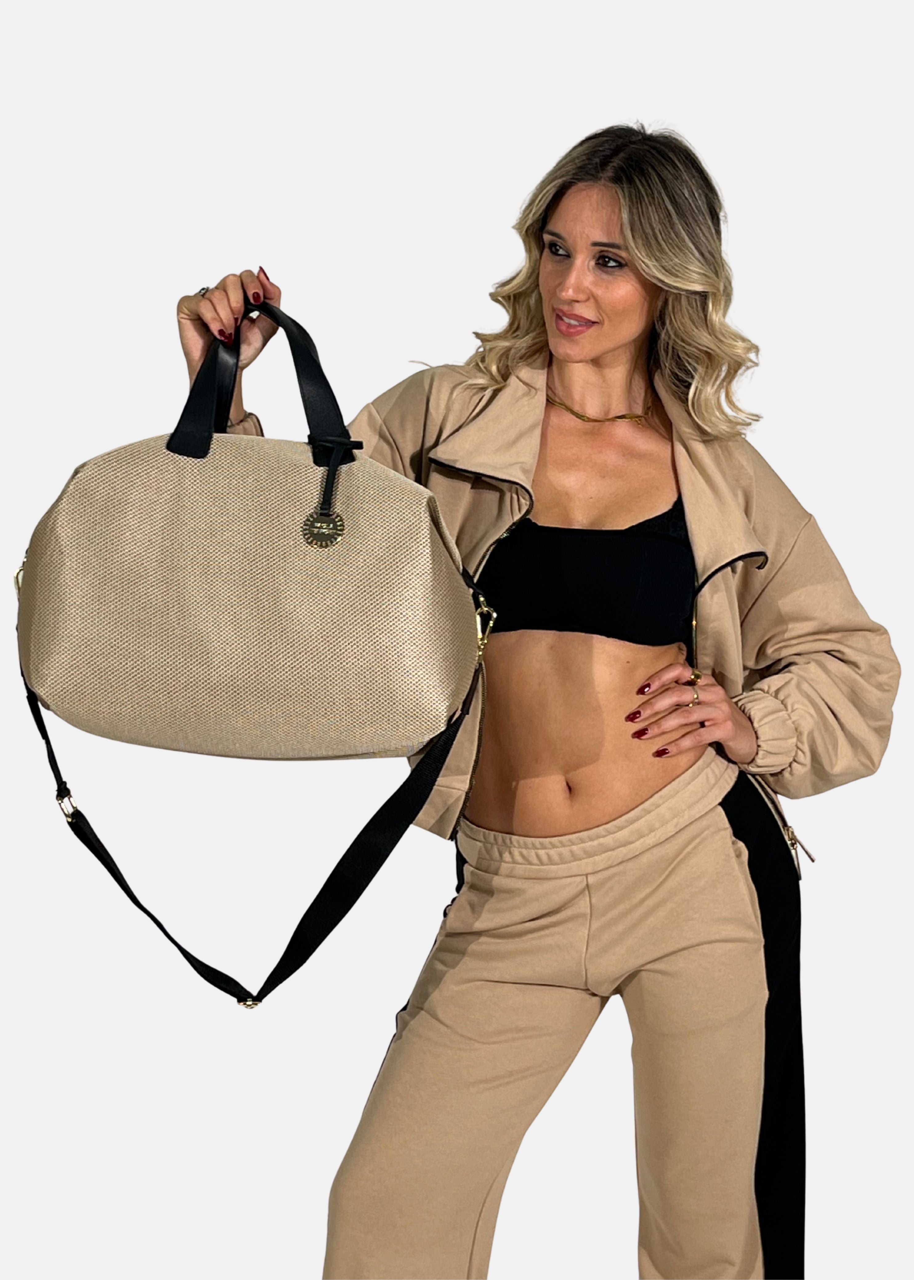 Bauletto large tessuto tecnico traforato e pelle con dettagli oro
