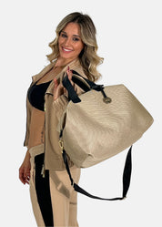 Bauletto large tessuto tecnico traforato e pelle con dettagli oro