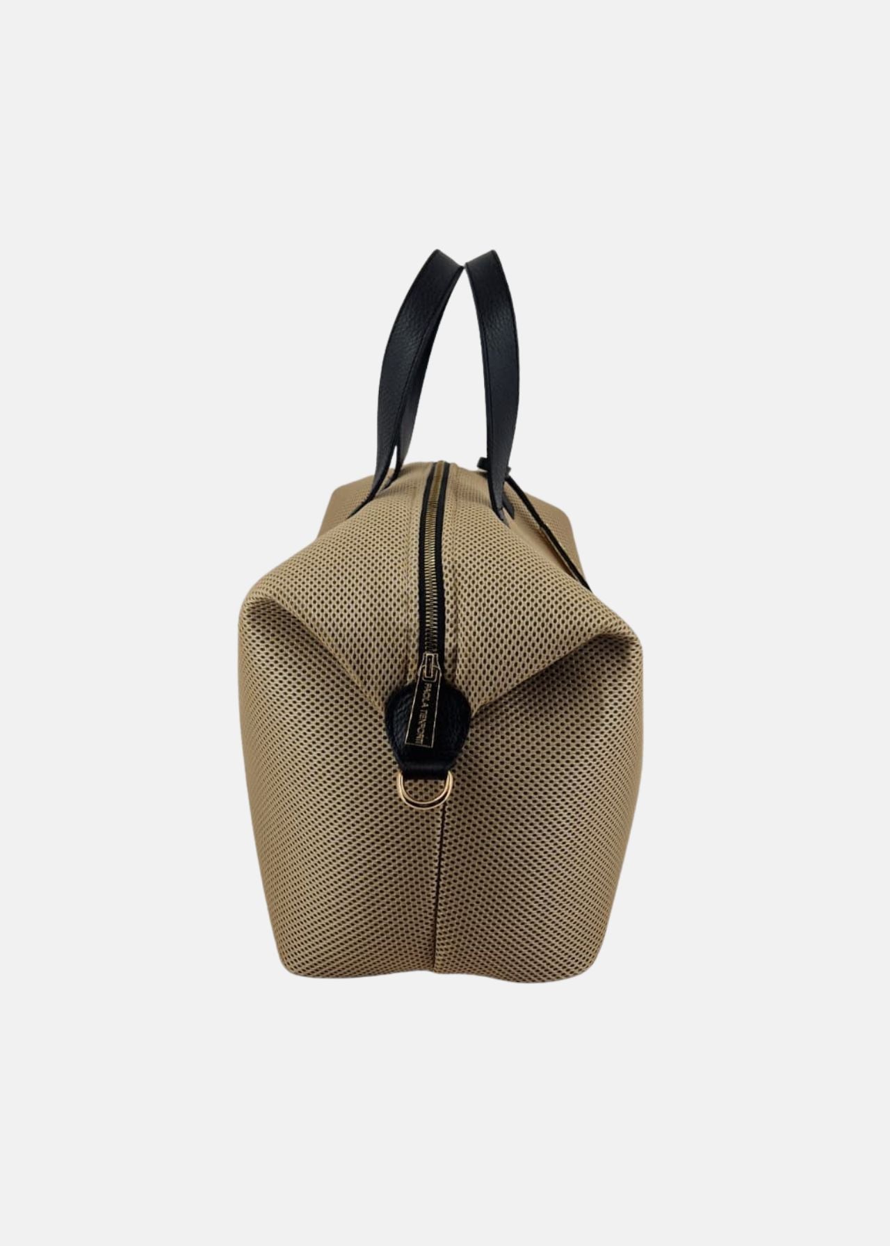 Bauletto large tessuto tecnico traforato e pelle con dettagli oro