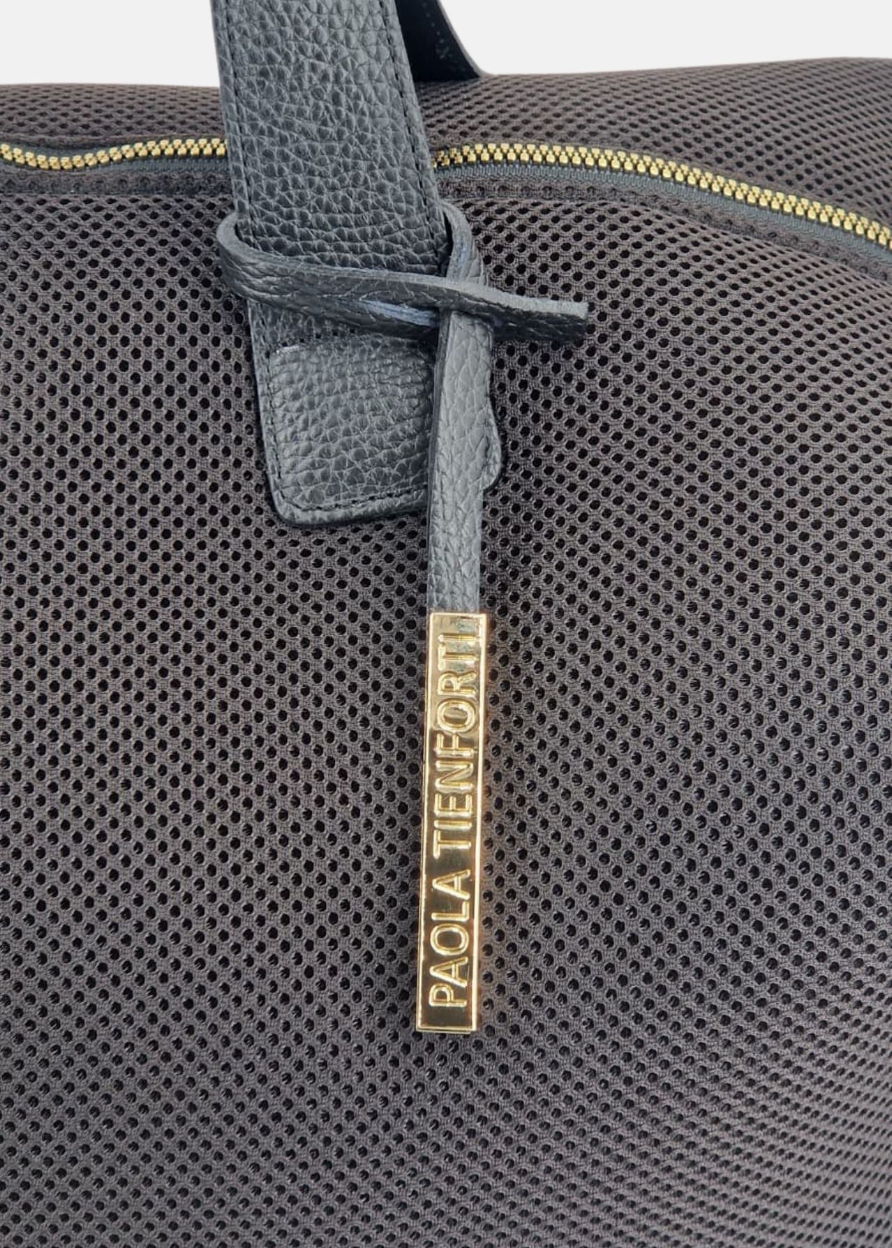 Bauletto large tessuto tecnico traforato e pelle con dettagli oro