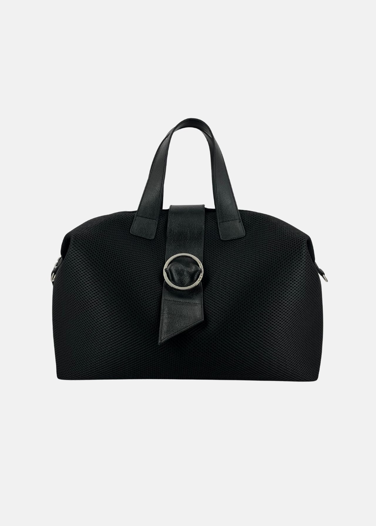Bauletto con patta in tessuto tecnico traforato e pelle