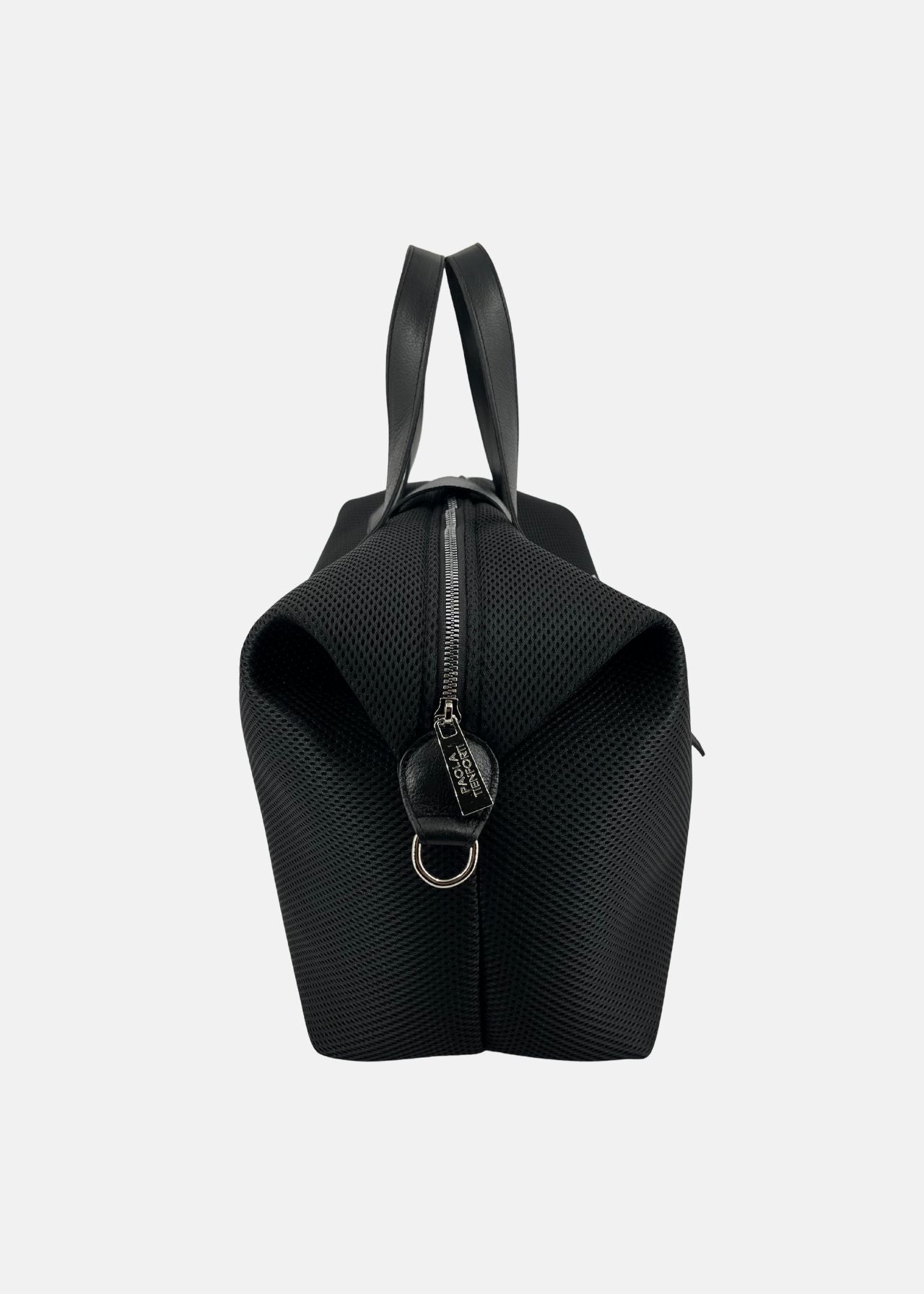 Bauletto con patta in tessuto tecnico traforato e pelle