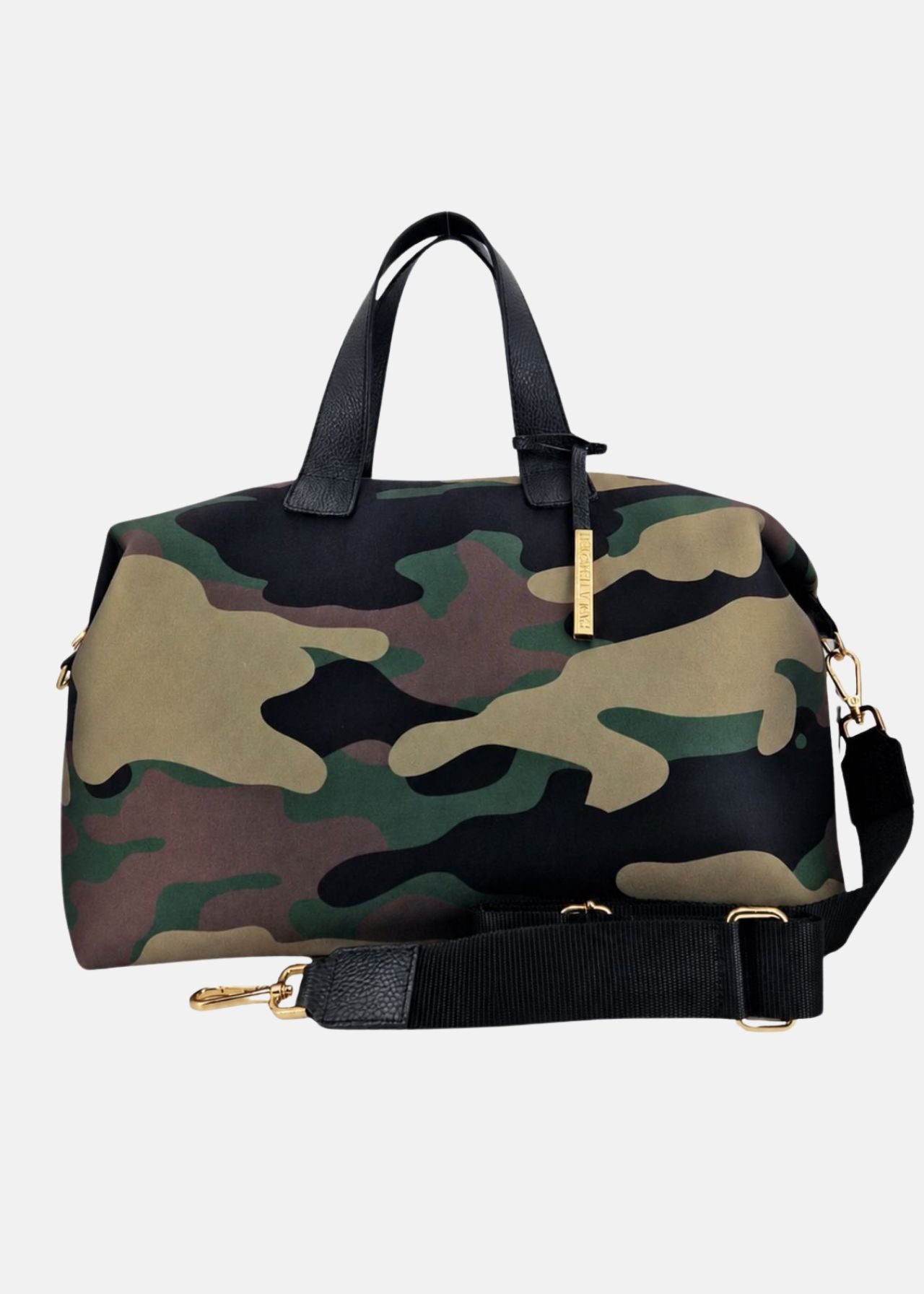 Bauletto large in neoprene camouflage con dettagli oro