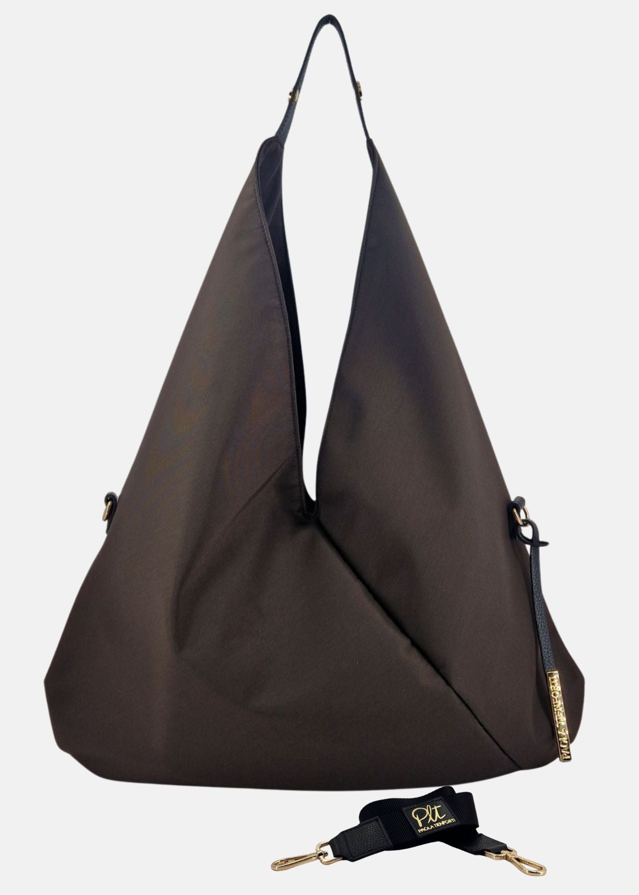 Sacca hobo in tessuto tecnico nylon con dettagli oro