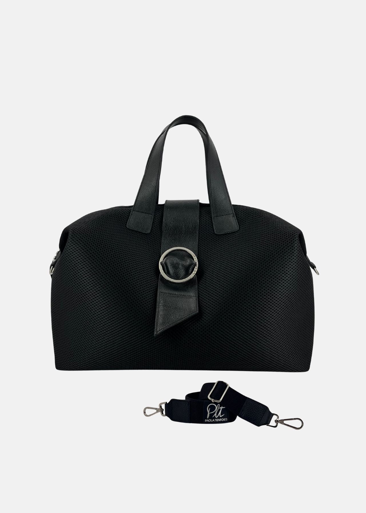 Bauletto con patta in tessuto tecnico traforato e pelle