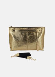 Borsa medium a tracolla  in pelle laminata con dettagli oro