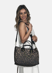 Shopper in tessuto tecnico traforato maculato con rifiniture oro