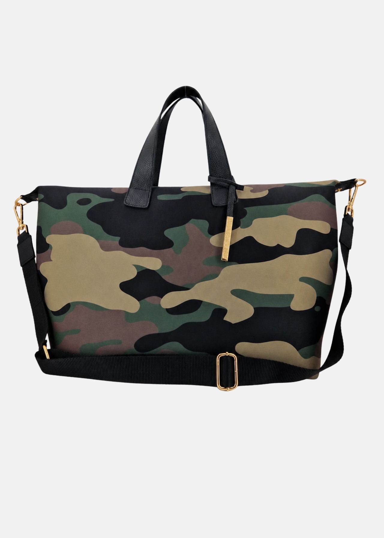 Bauletto large in neoprene camouflage con dettagli oro