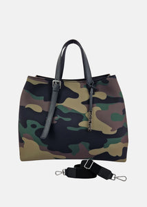 Shopper large in neoprene camouflage con dettagli argento