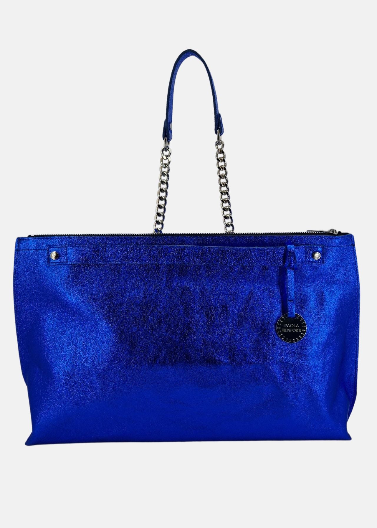 Borsa a tracolla in pelle laminata con dettagli argento