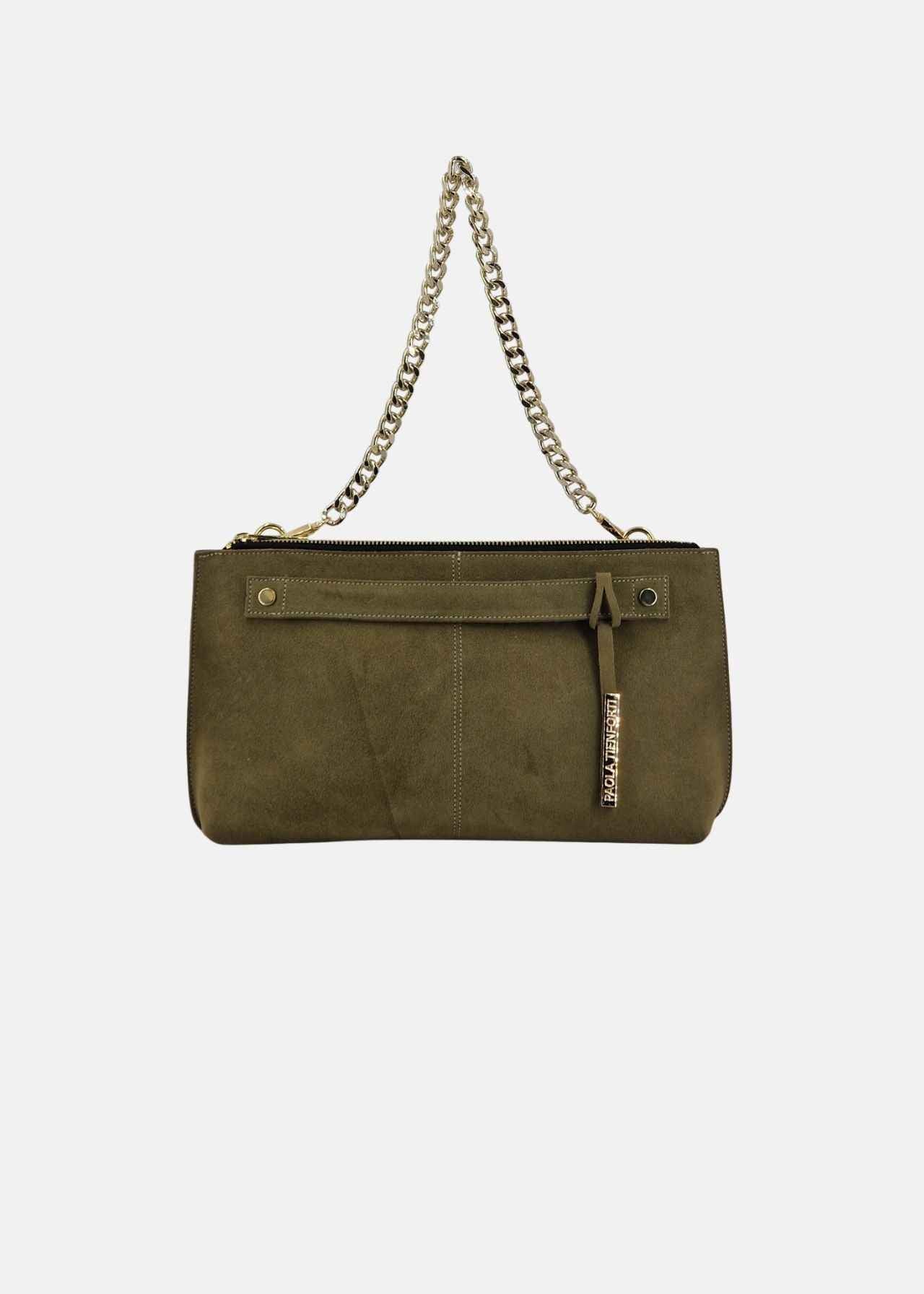 Pochette in camoscio con dettagli oro