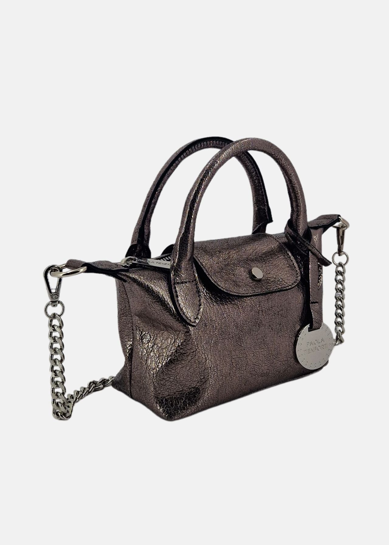 Mini bag in pelle laminata con dettagli argento