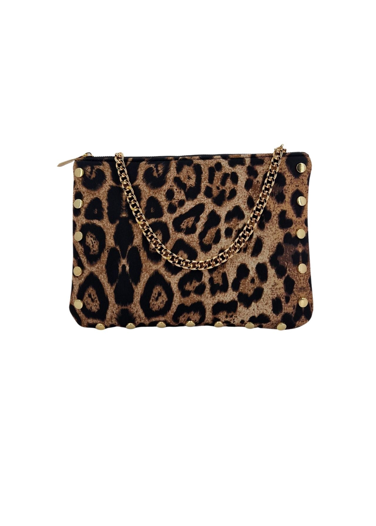 Pochette in neoprene maculato con dettagli oro