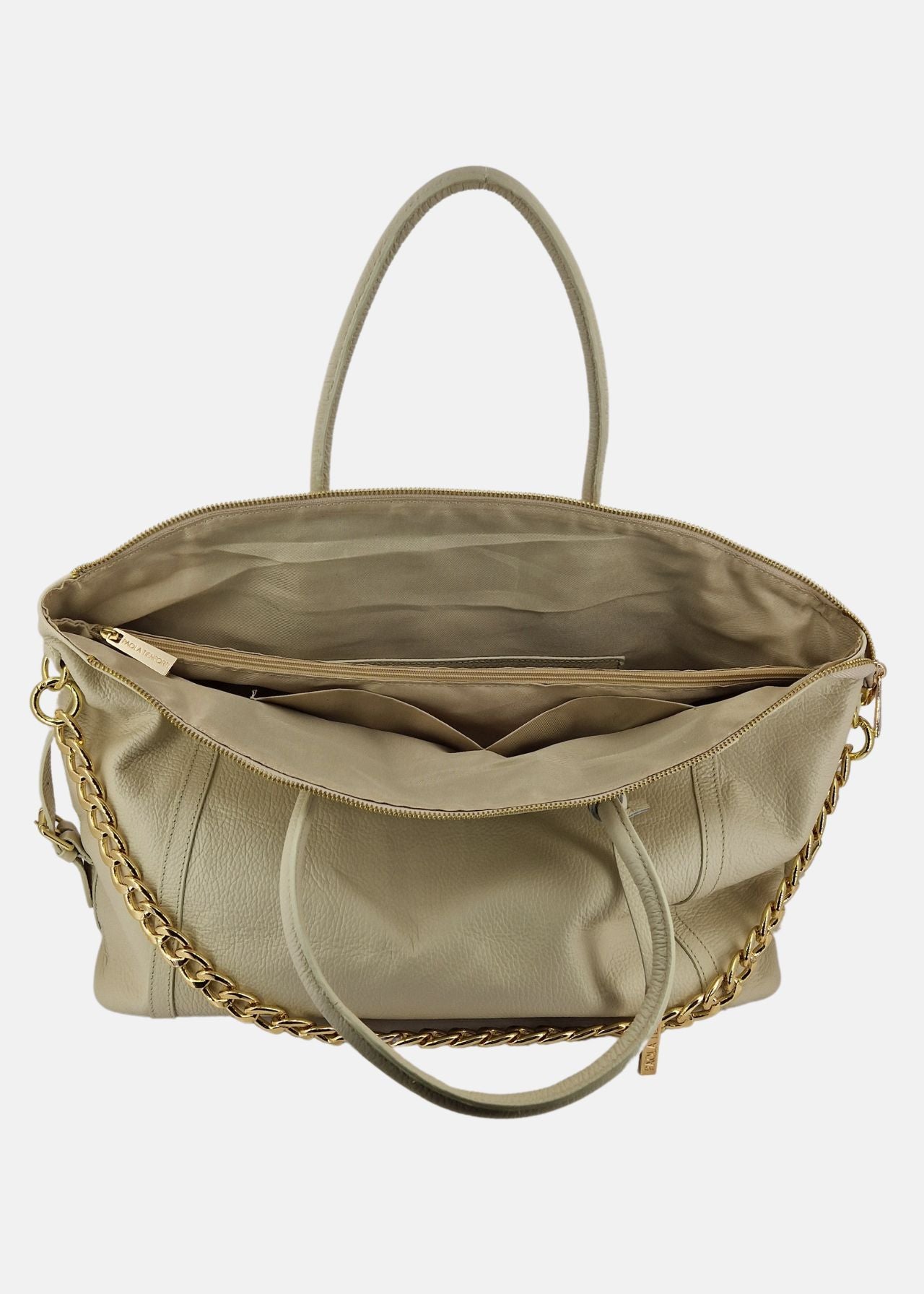 Shopper large in pelle morbida con rifiniture oro - PANNA