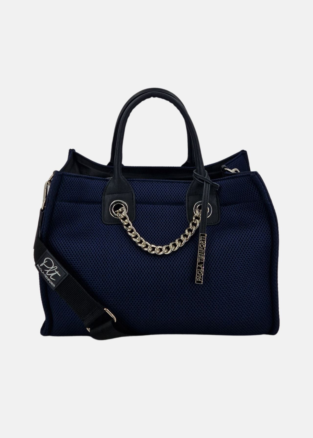 Shopper in traforato con rifiniture argento