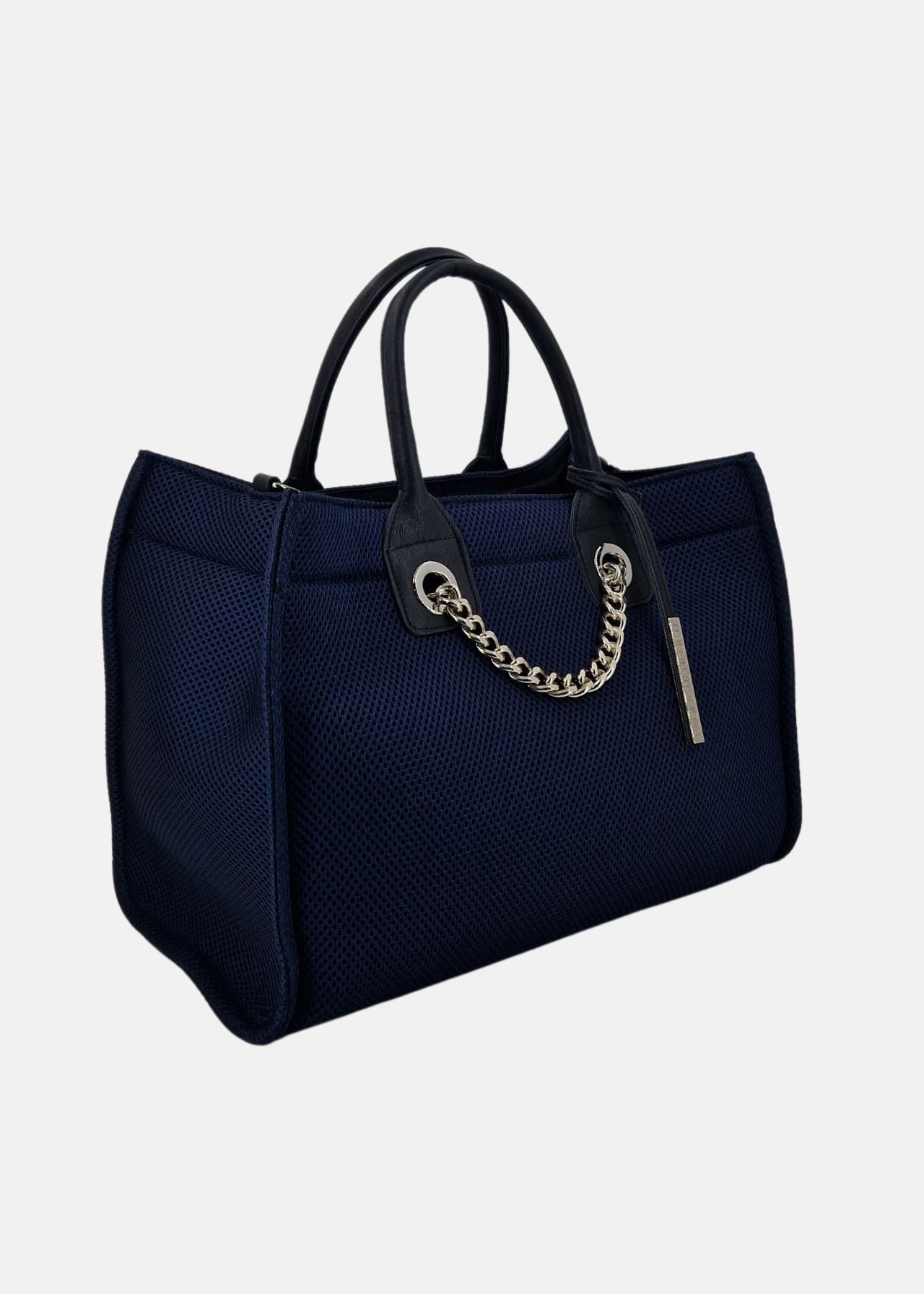 Shopper in traforato con rifiniture argento