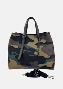 Shopper large in neoprene camouflage con dettagli argento